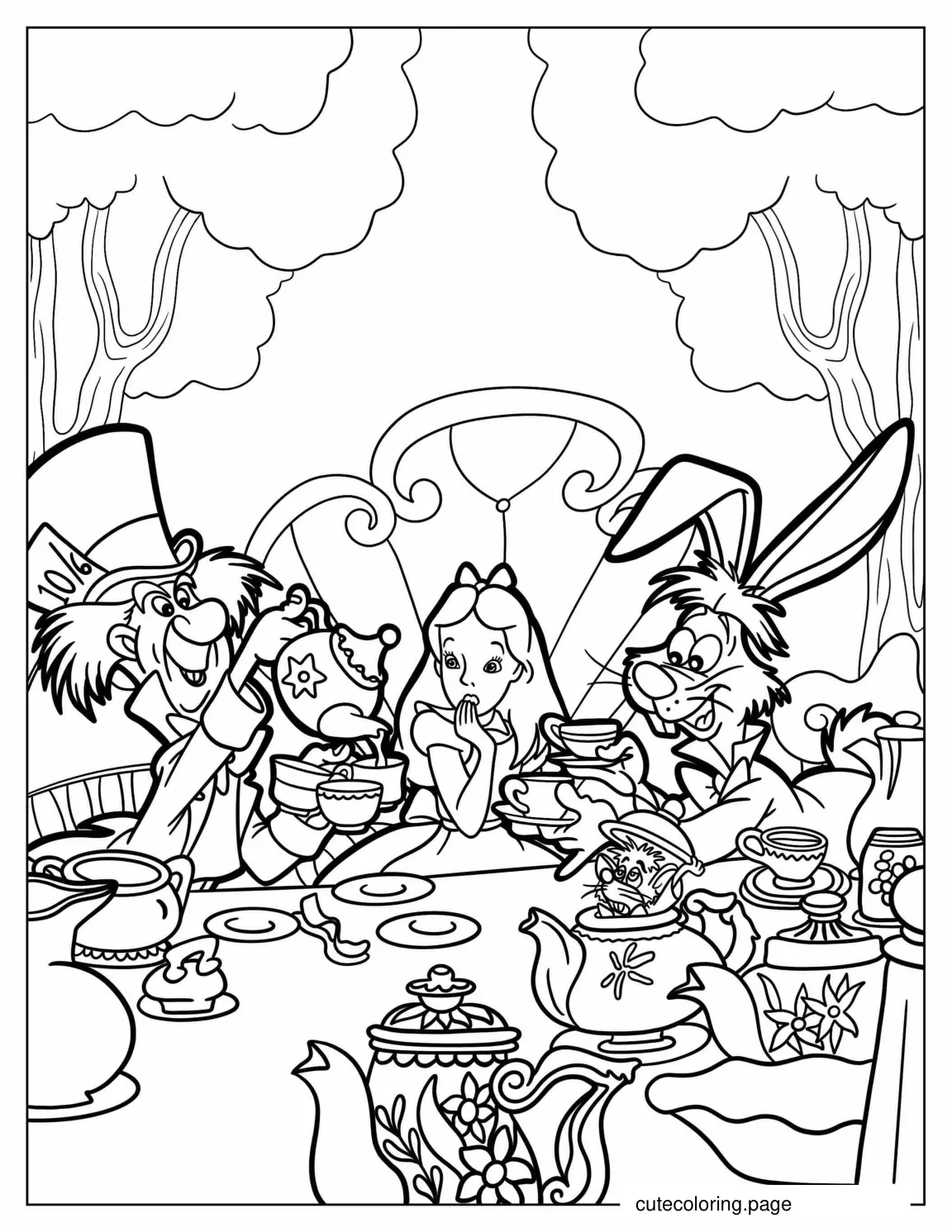 Alice At Tea PArty With Hatter And White Rabit coloring page