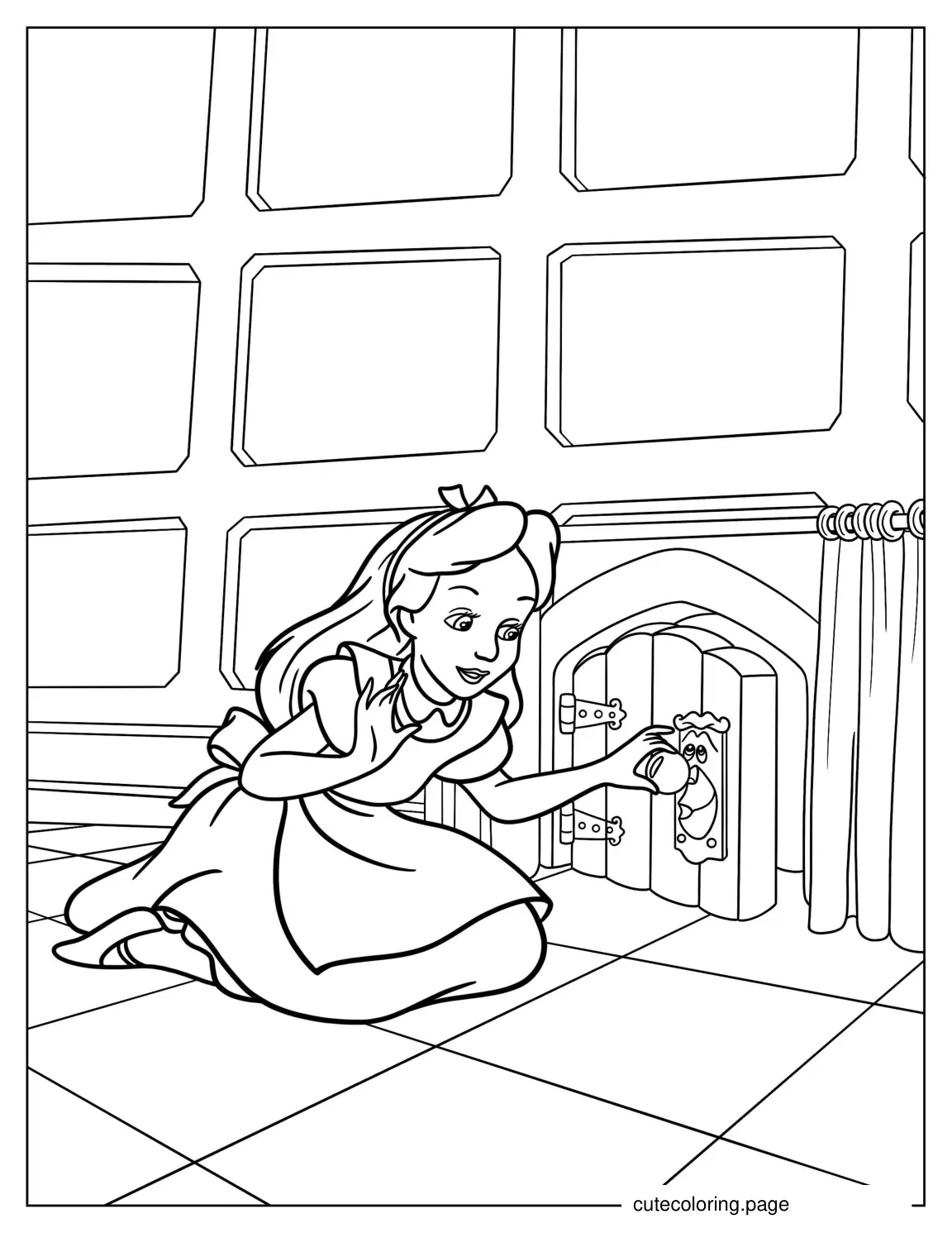 Alice Opening Secret Door To Color coloring page