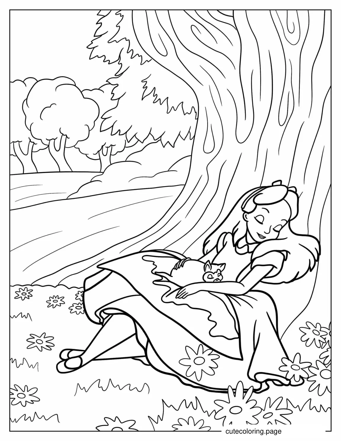 Alice Sleeping Under Tree Coloring Page coloring page