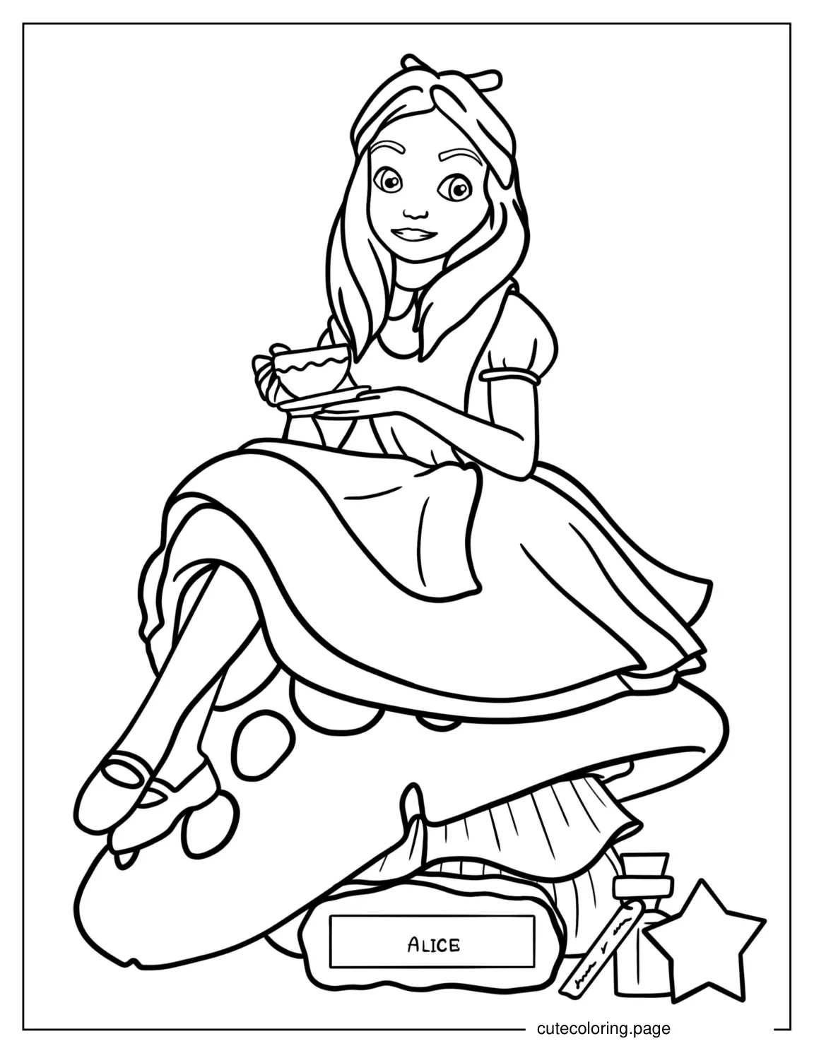 Coloring Page Of Alice Sitting On Mushroom Drinking Tea coloring page