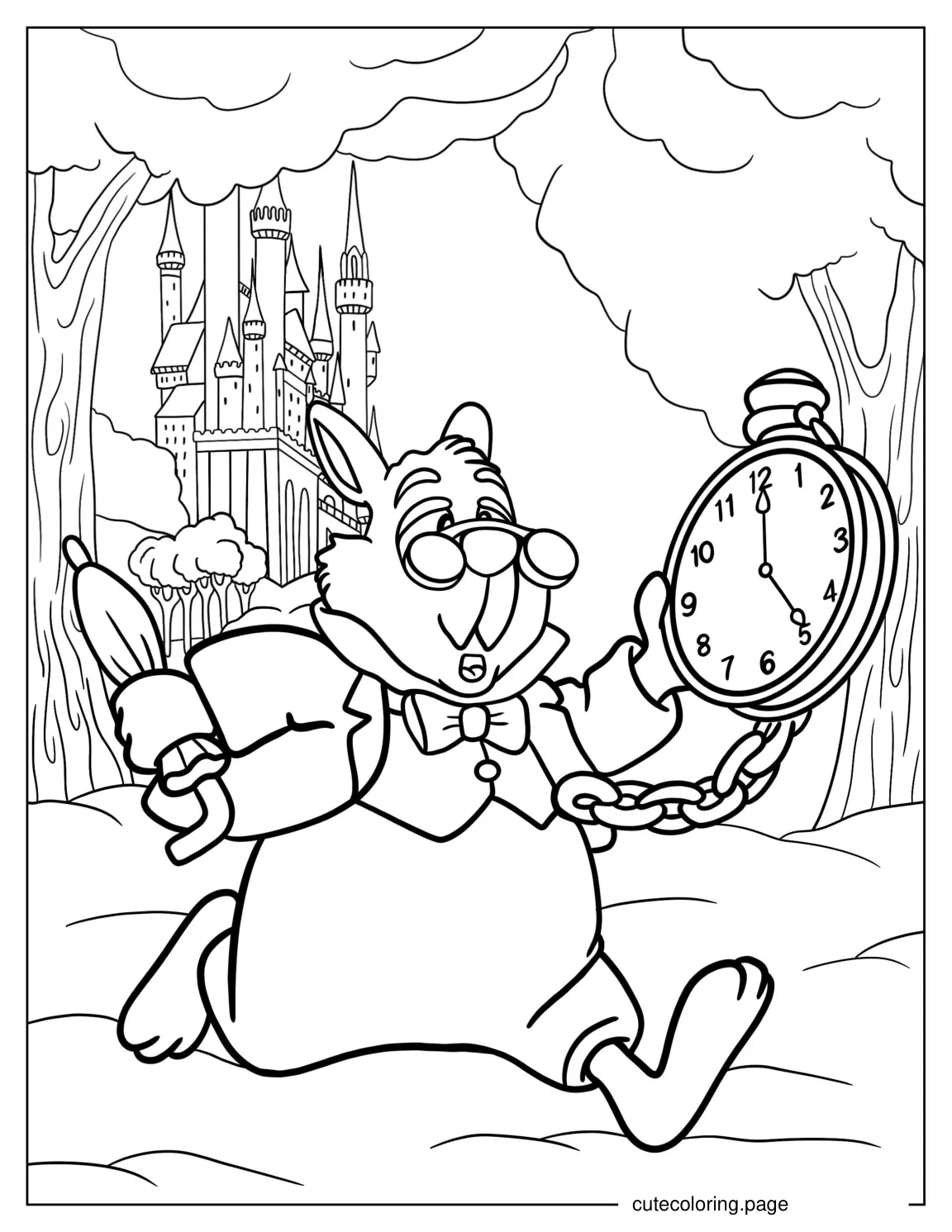 White Rabbit Running Late Holding Clock coloring page