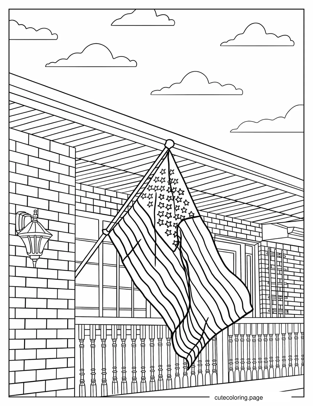 American Flag In Front Of House coloring page