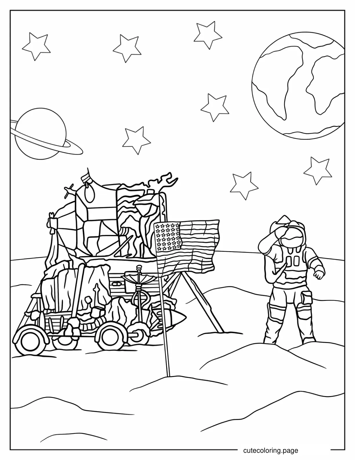 American Flag in Space Moon Landing Coloring Sheet coloring page