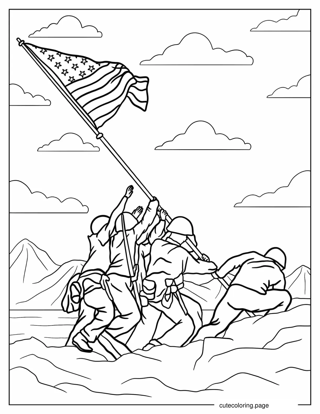 American Soldiers Erecting American Flag coloring page