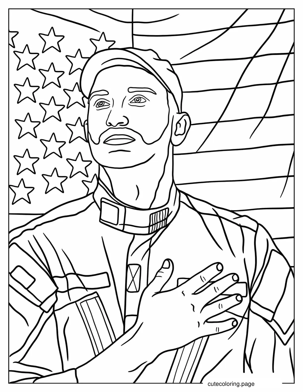 Coloring Page Of American Solider In Front Of US Flag coloring page