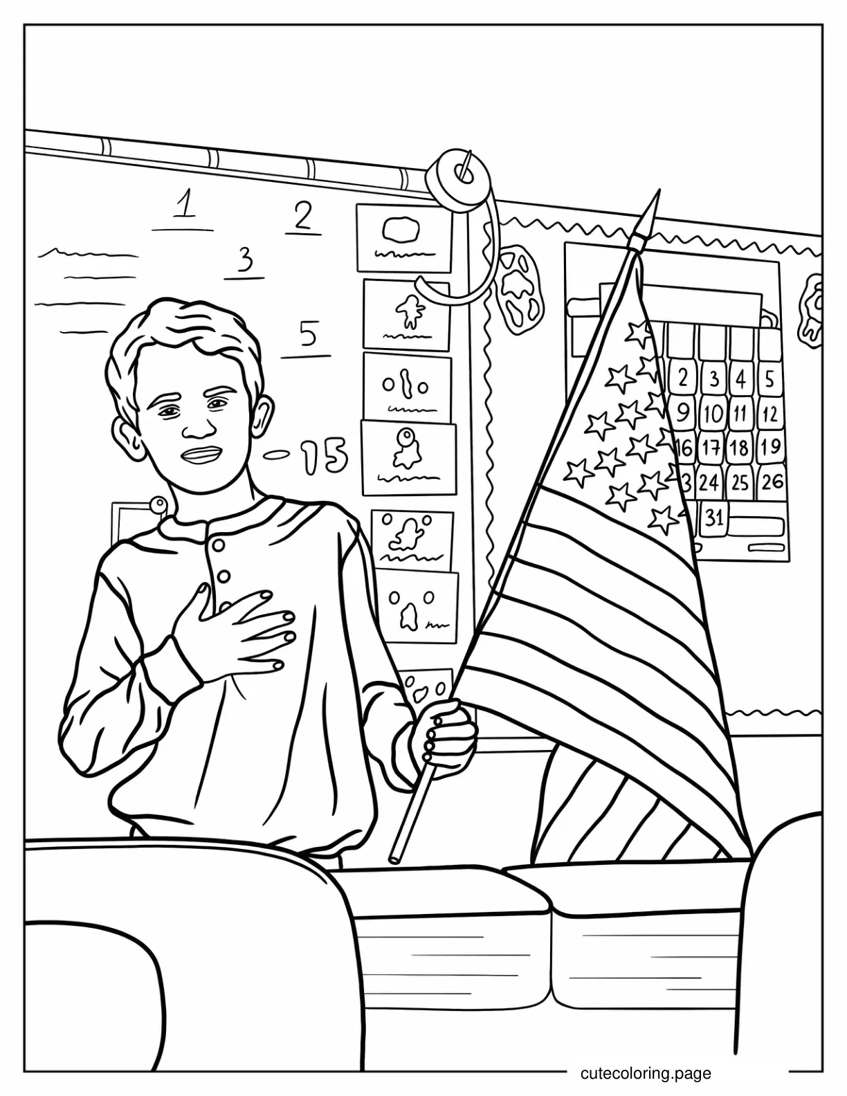 Realistic Coloring Page of Boy Holding American Flag coloring page