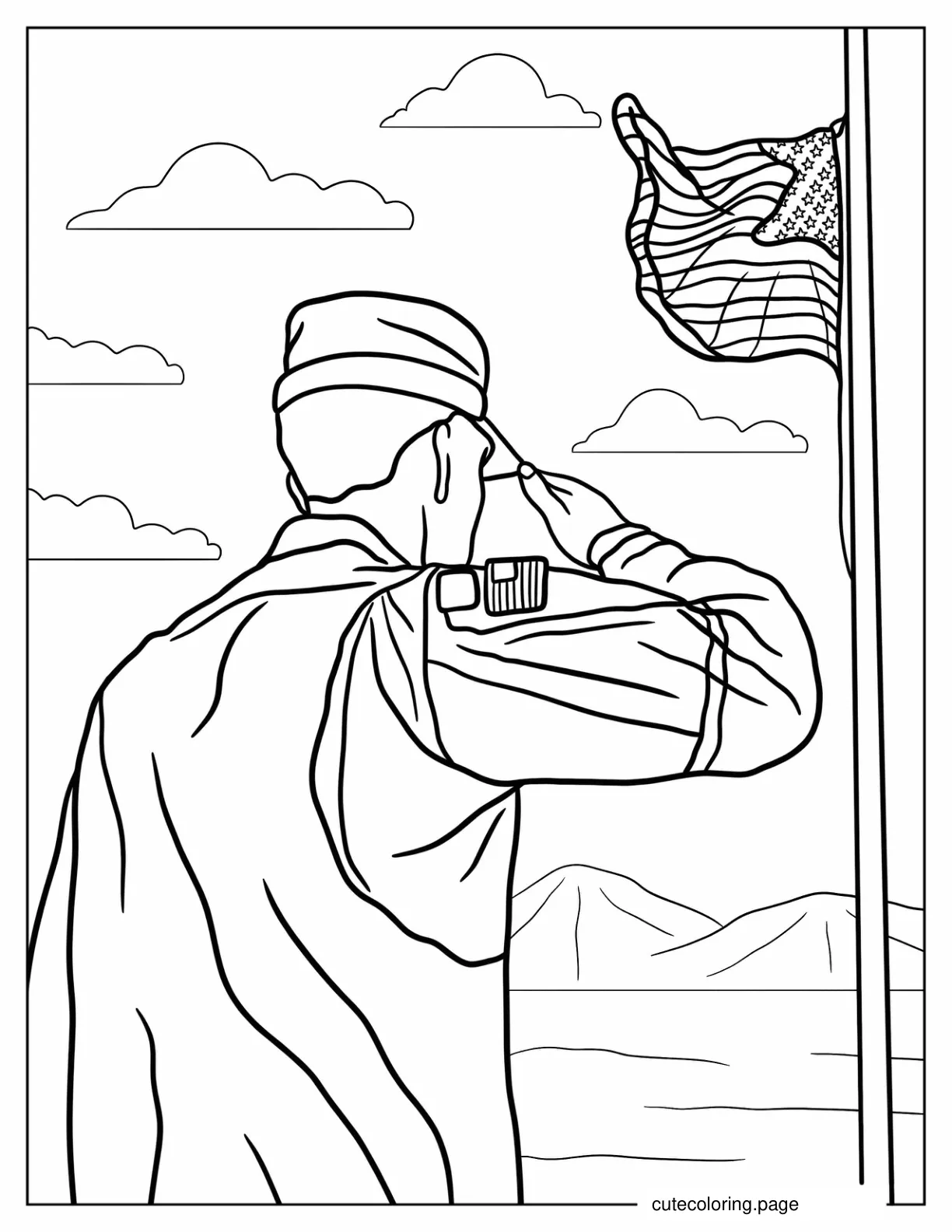 US Soldier Saluting American Flag At Half Mast coloring page