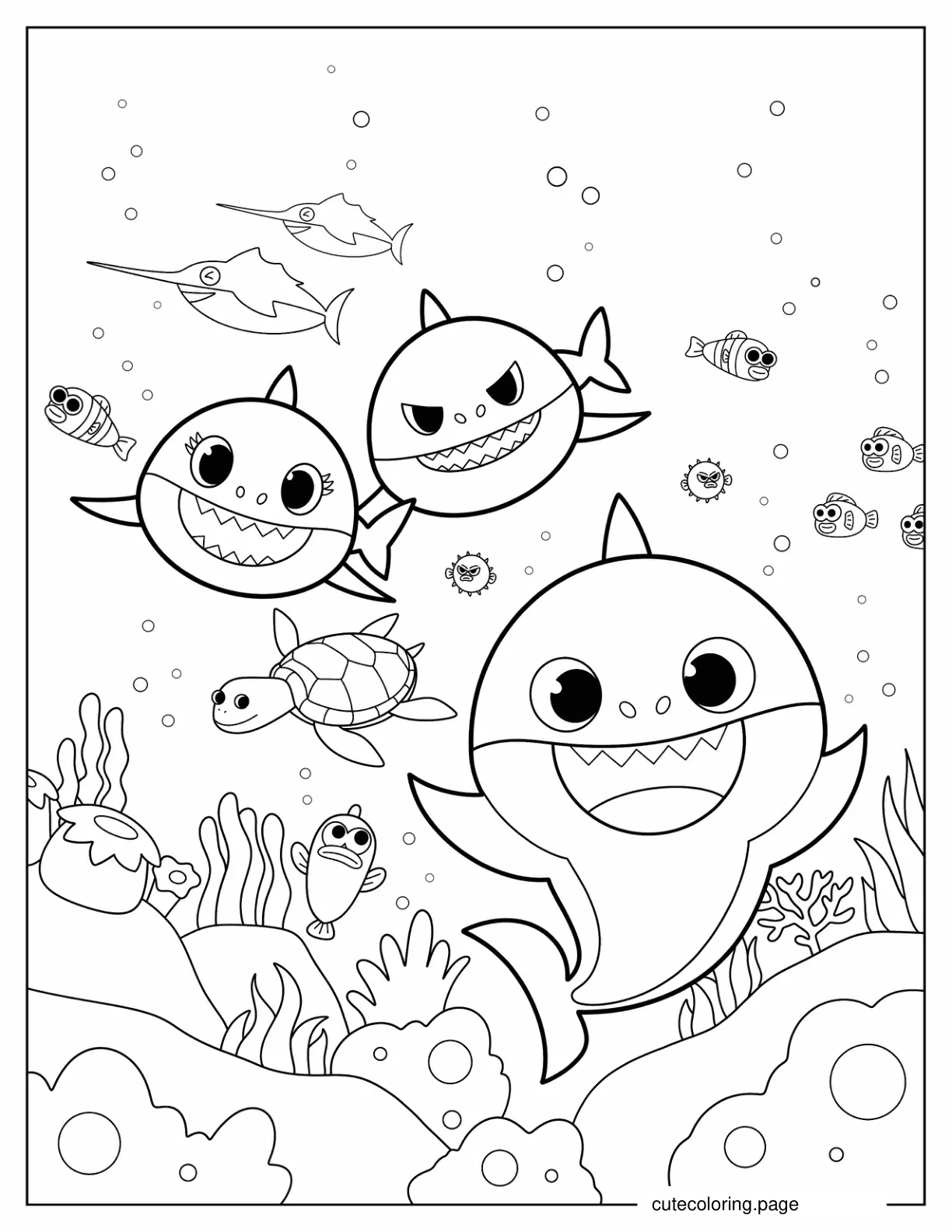 Baby Shark Mommy Shark And Daddy Shark Swimming Coloring In coloring page