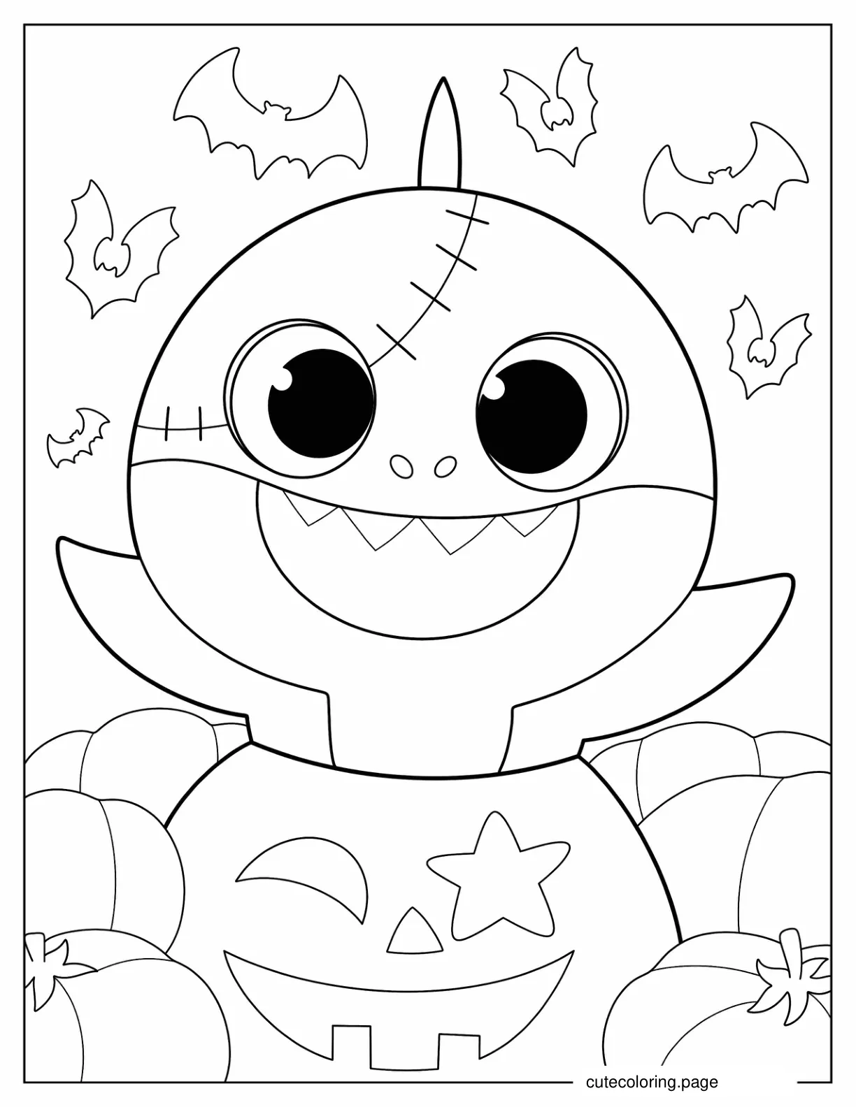 Halloween Baby Shark With Bats And Pumpkins Coloring In coloring page