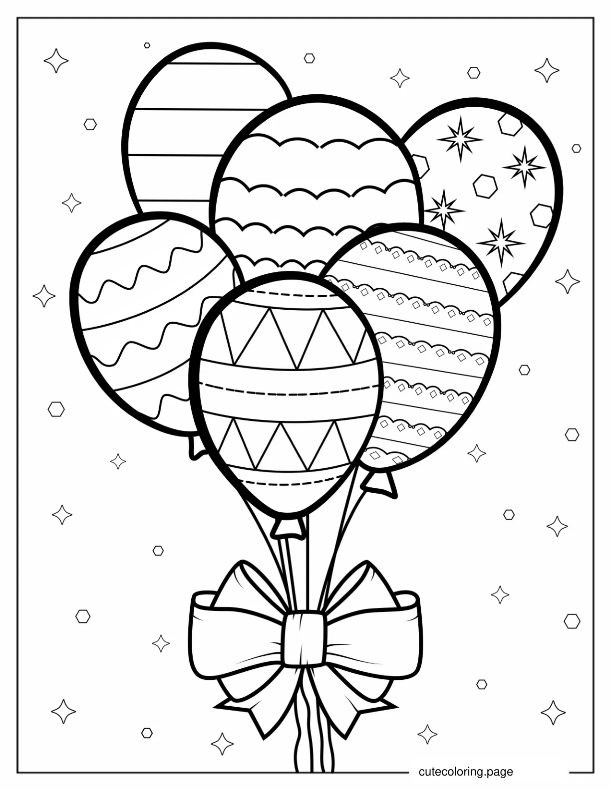 Bunch Of Balloons With Patterns And Ribbon coloring page