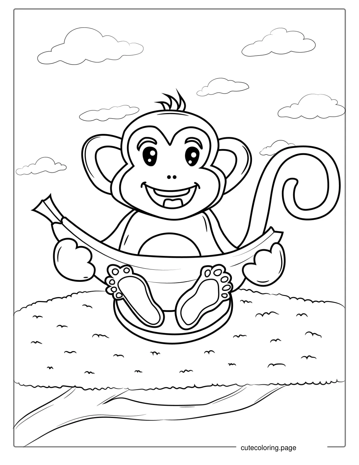 Smiling Monkey Eating Banana To Color coloring page