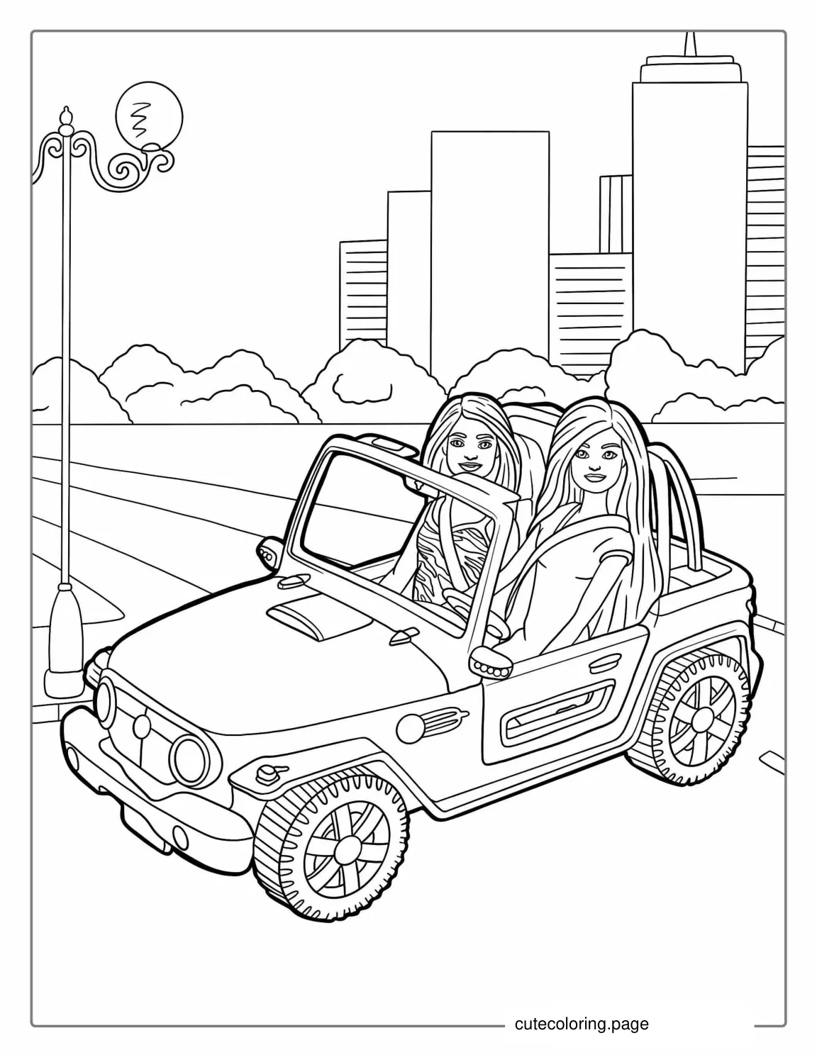 Barbie And Friend In Jeep To Color coloring page