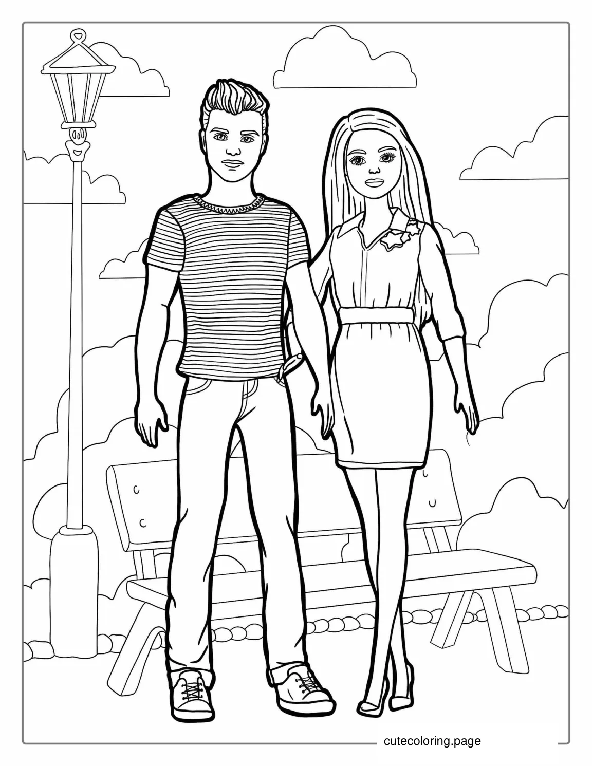 Barbie And Ken Walking In Park To Color coloring page