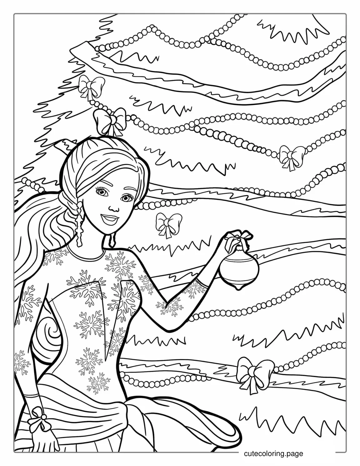 Barbie Handing Ornaments On Christmas Tree coloring page