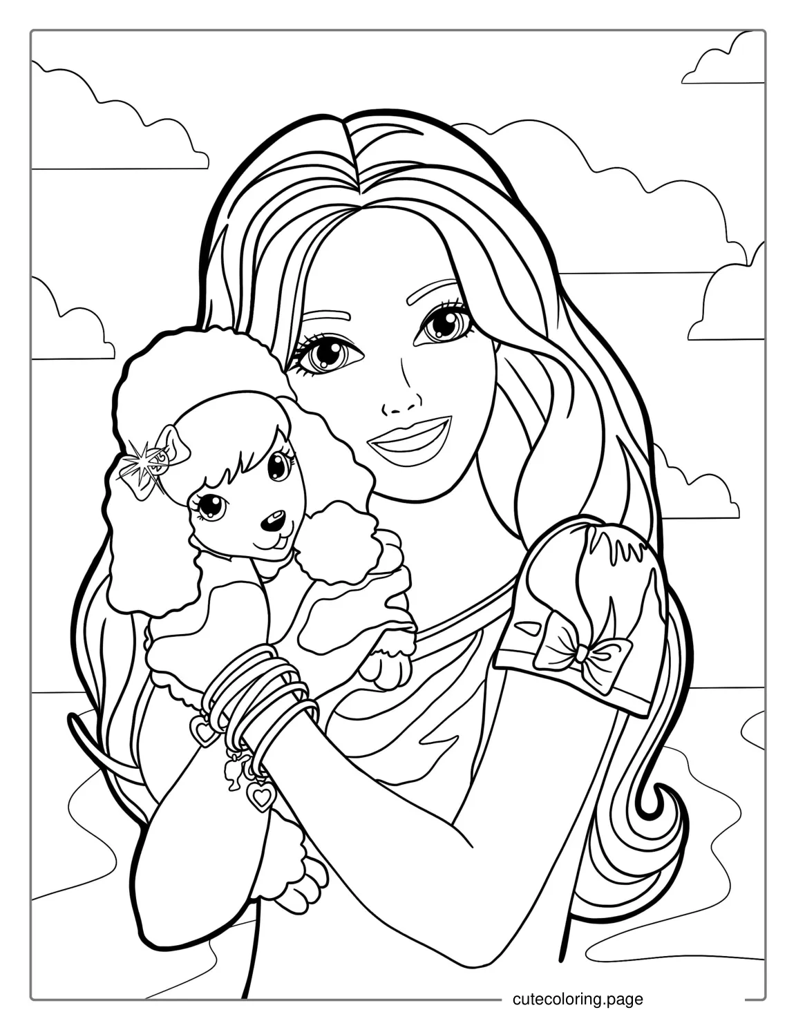 Barbie Holding Poodle Dog To Color coloring page