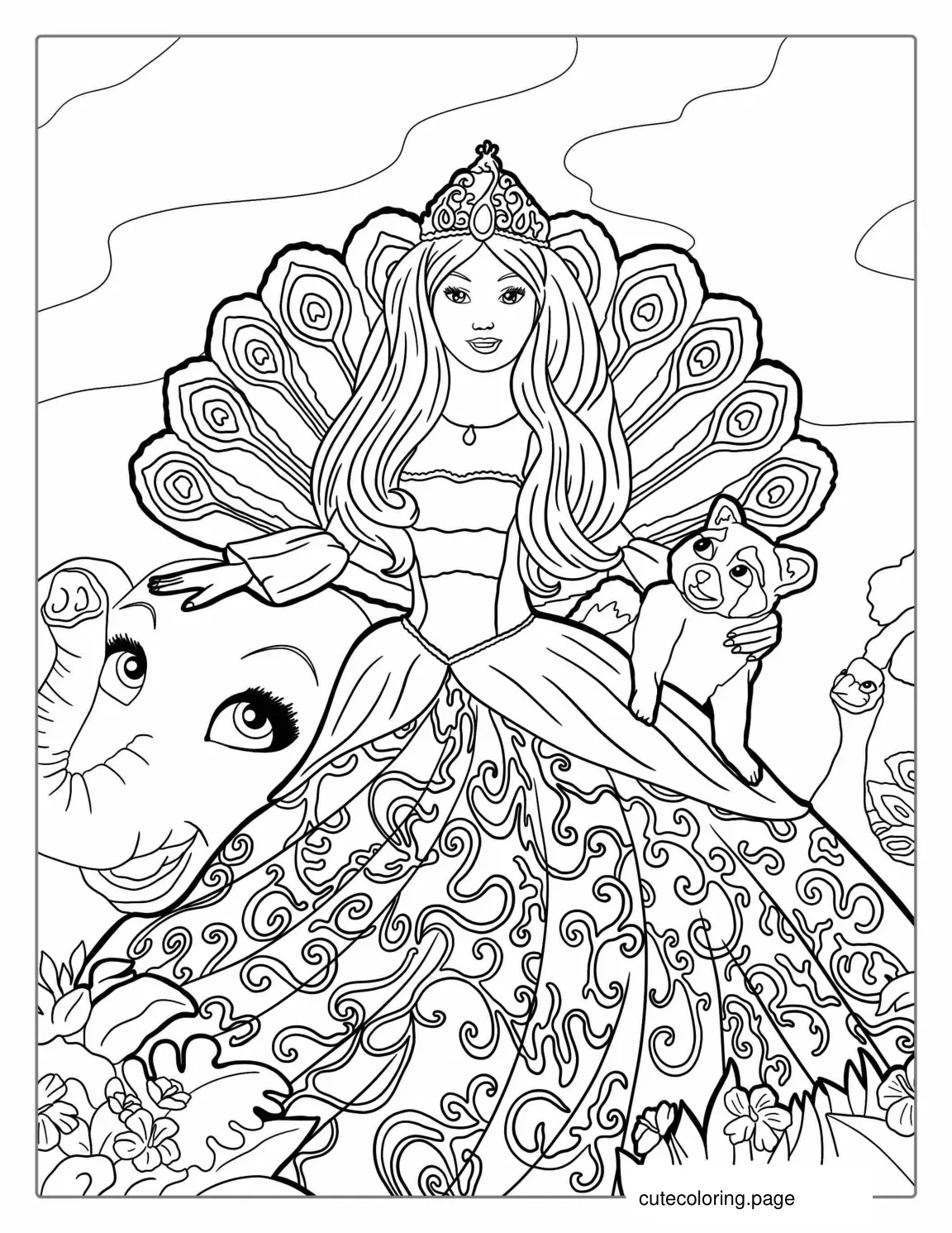 Barbie In Beautiful Dress And Animals coloring page