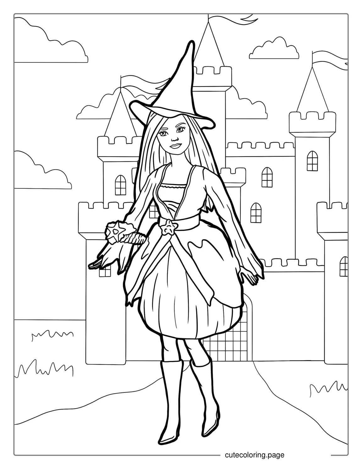 Barbie Wearing Witches Hat On Halloween coloring page