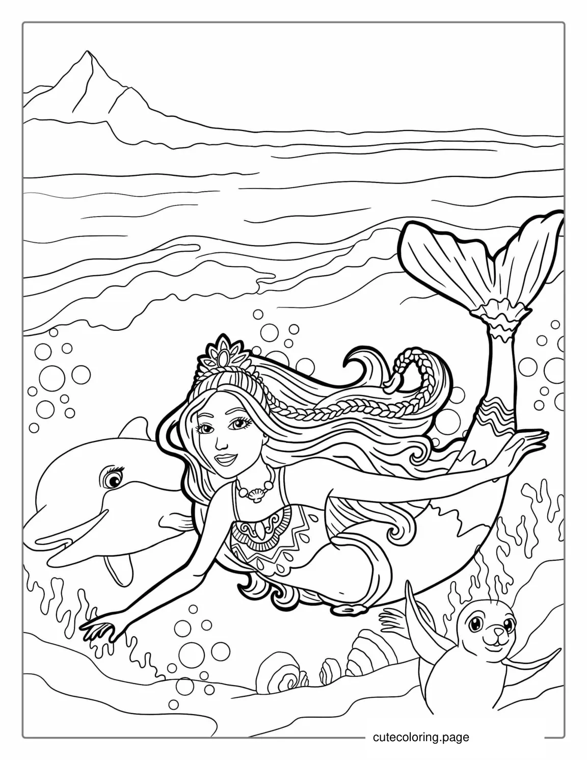 Mermaid Barbie Swimming With Dolphin To Color coloring page