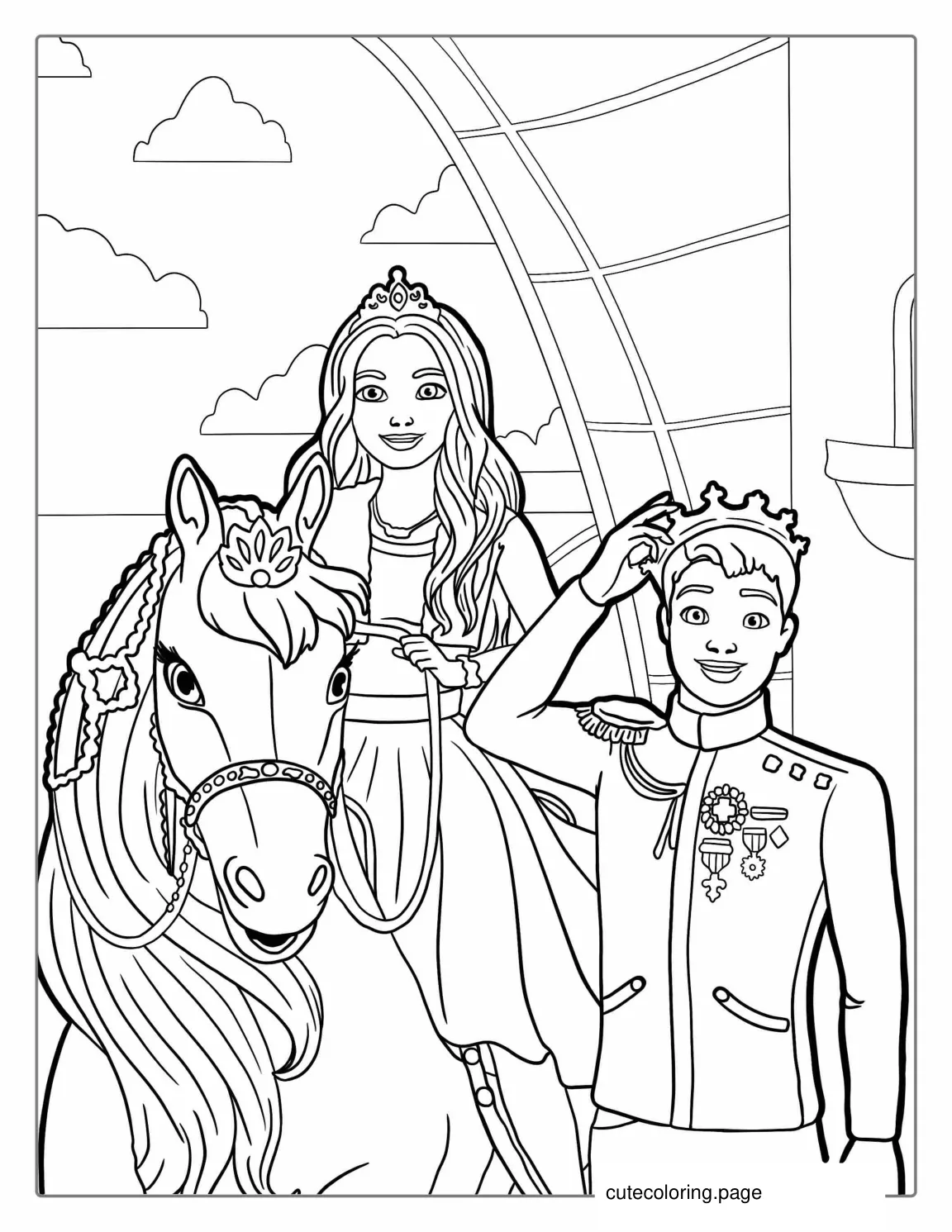 Princess Barbie With Prince And Horse coloring page