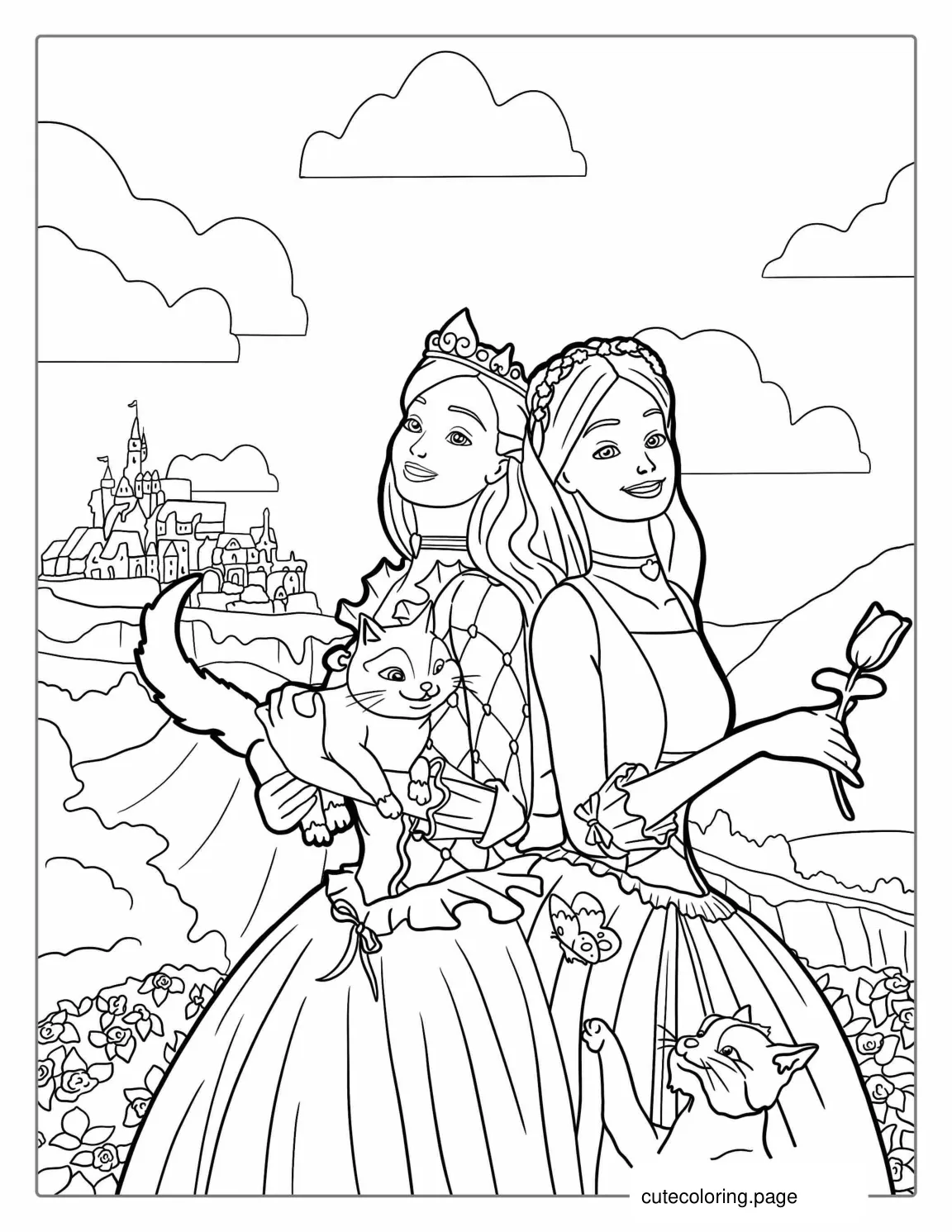 Princess Barbies With Cats Coloring Sheet coloring page