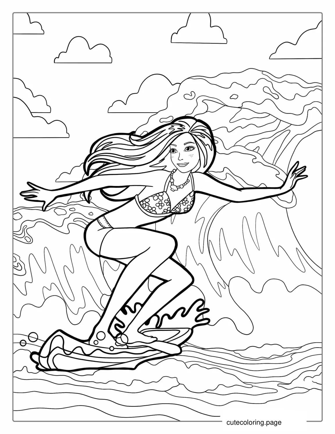 Surfer Barbie At Beach To Color coloring page