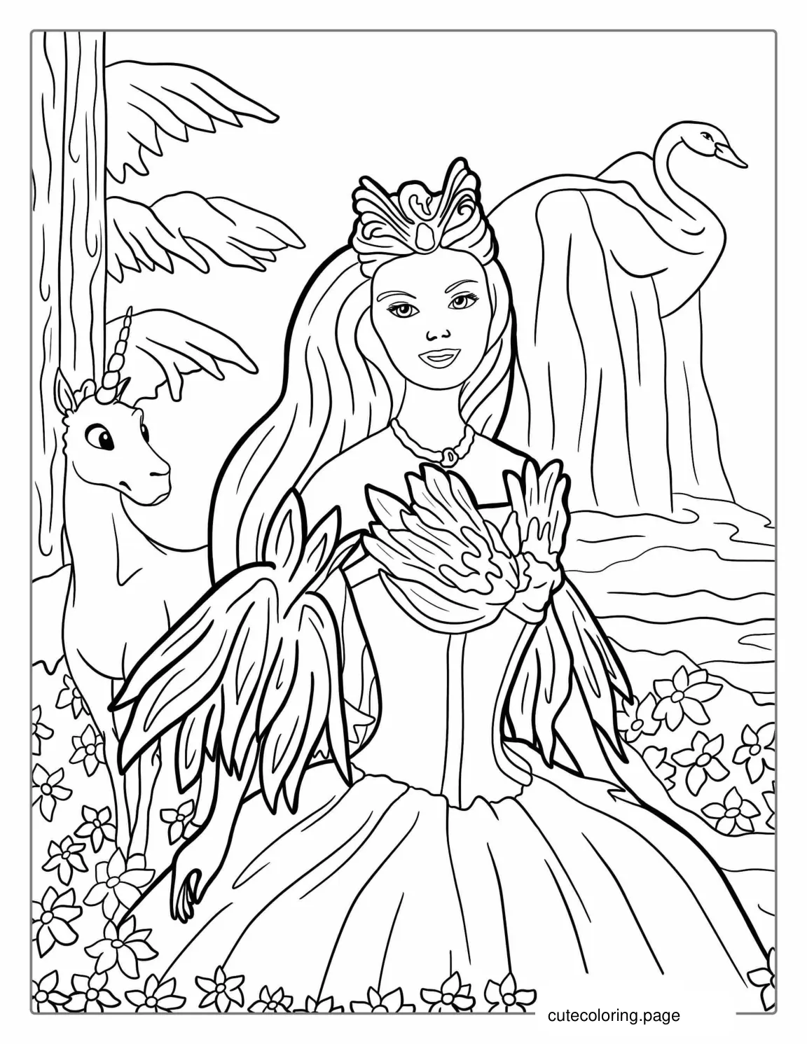 Swan Princess Barbie With Unicorn Coloring Sheet coloring page