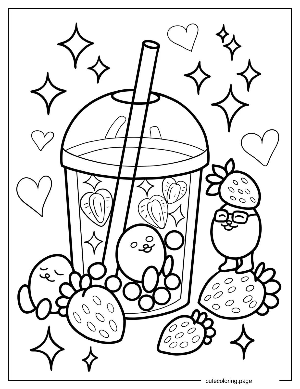 Boba Tea With Cute Strawberries Coloring Sheet coloring page