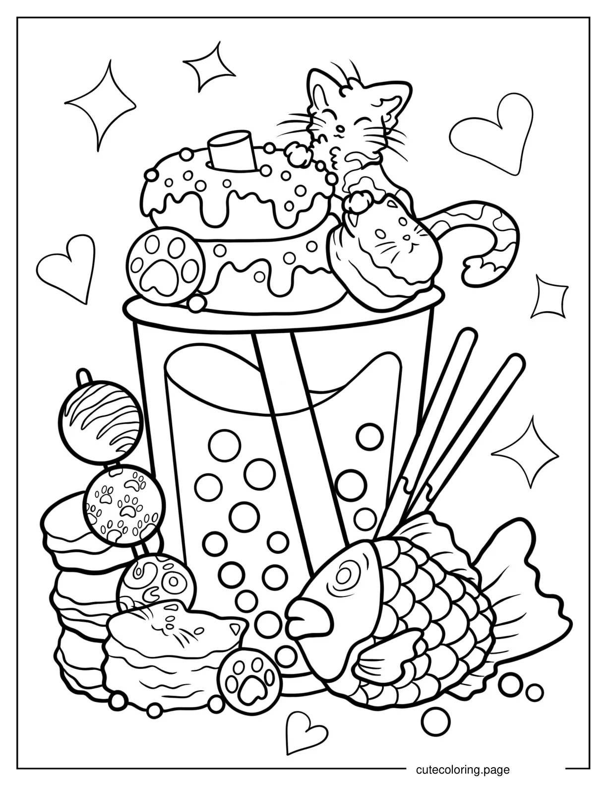 Boba Tea With Fish Cake And Other Desserts coloring page