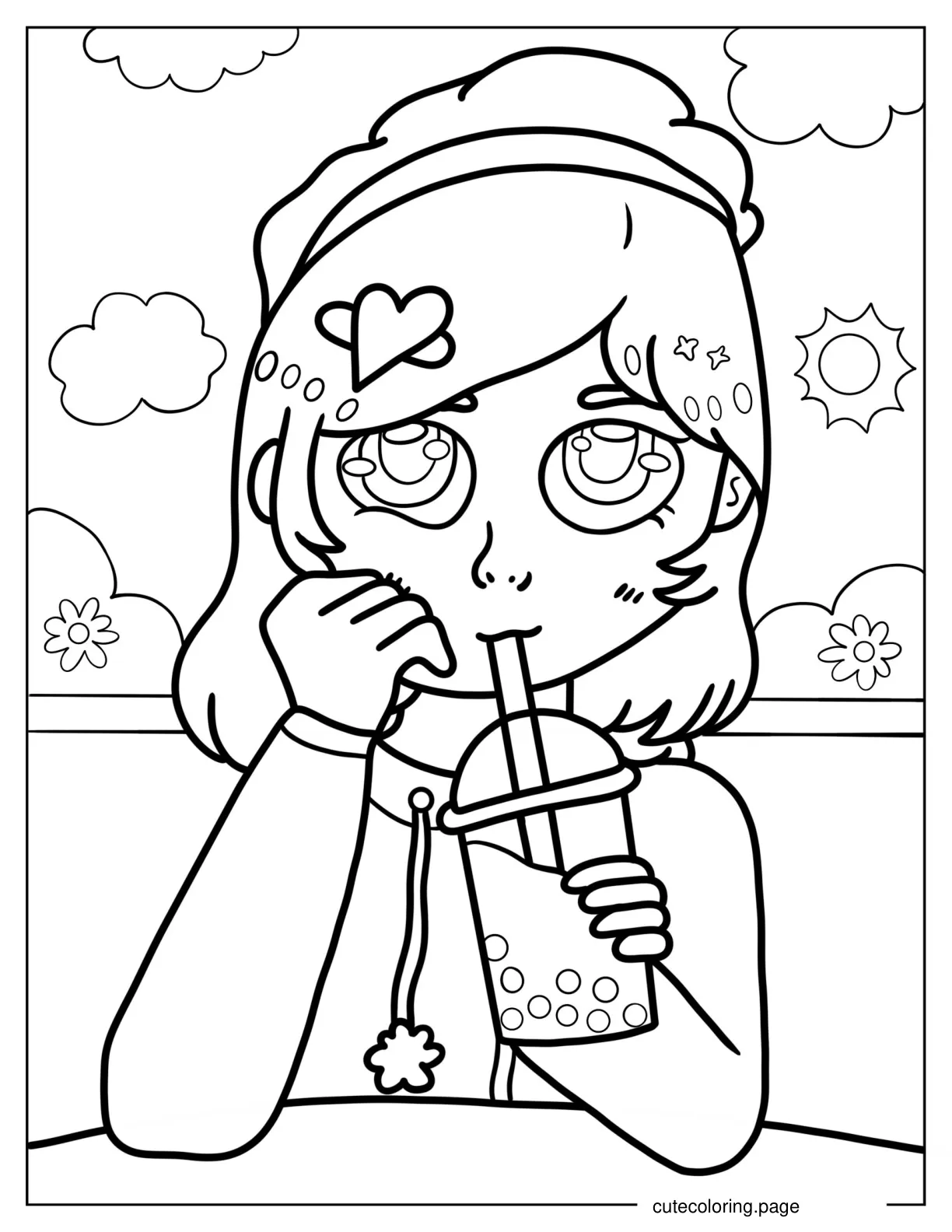 Cartoon Girl Drinking Boba Tea coloring page