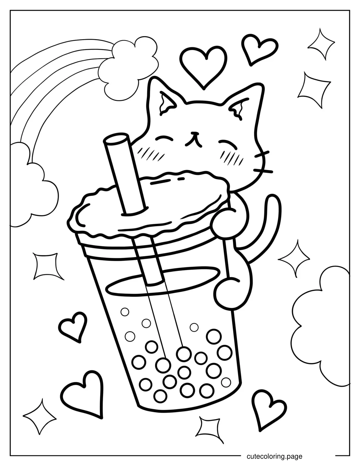 Cat Hugging Boba Tea Cup Coloring Page coloring page