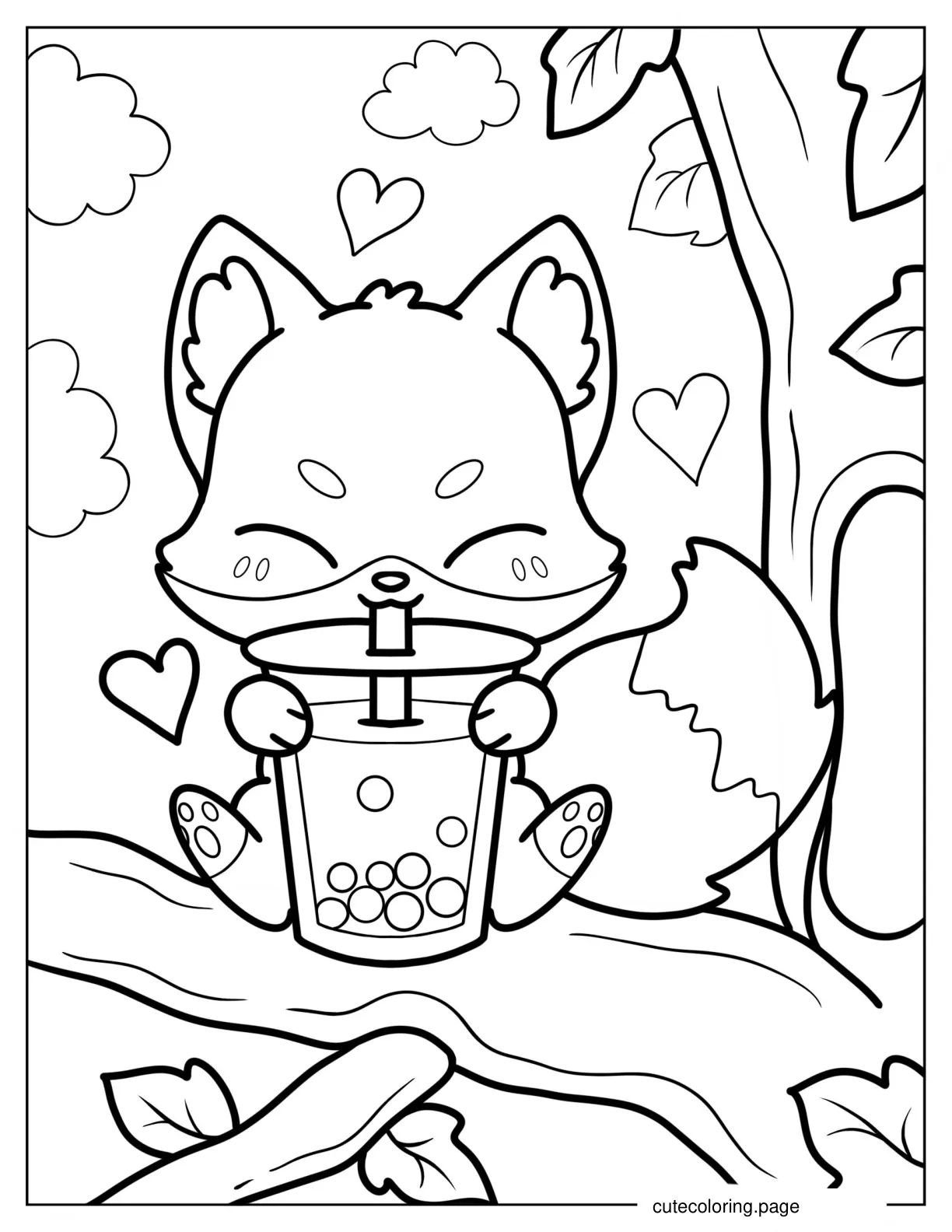 Chibi Fox Drinking Boba Tea Coloring Sheet coloring page