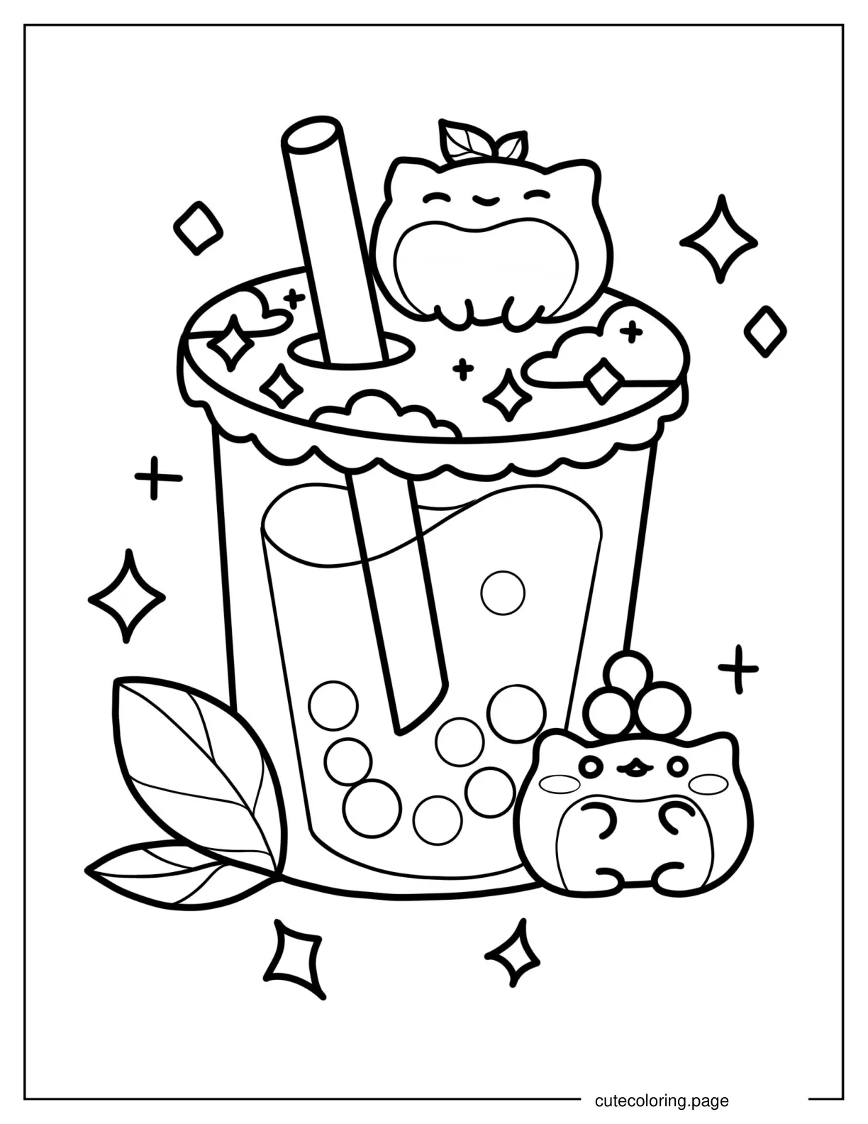 Kawaii Boba Tea With Chibi Kitten And Frog Coloring Sheet coloring page