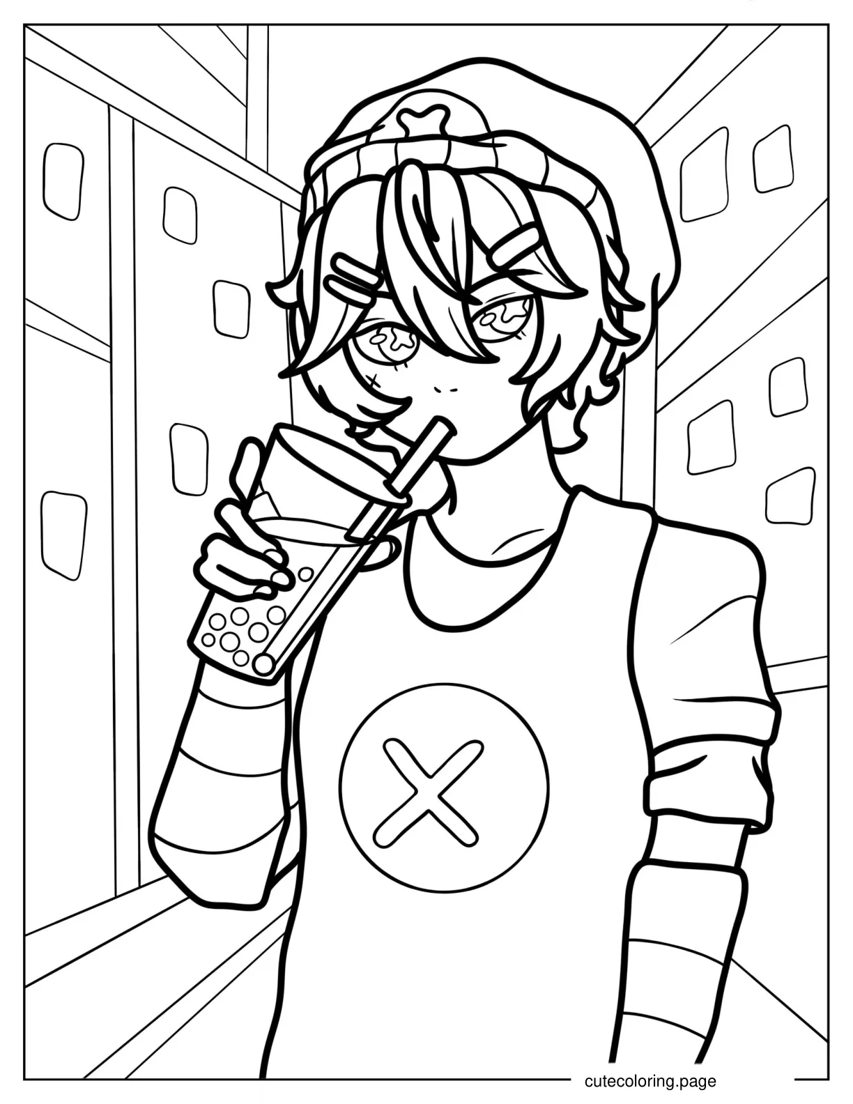 Punk Boy Drinking Boba Tea Coloring Page coloring page