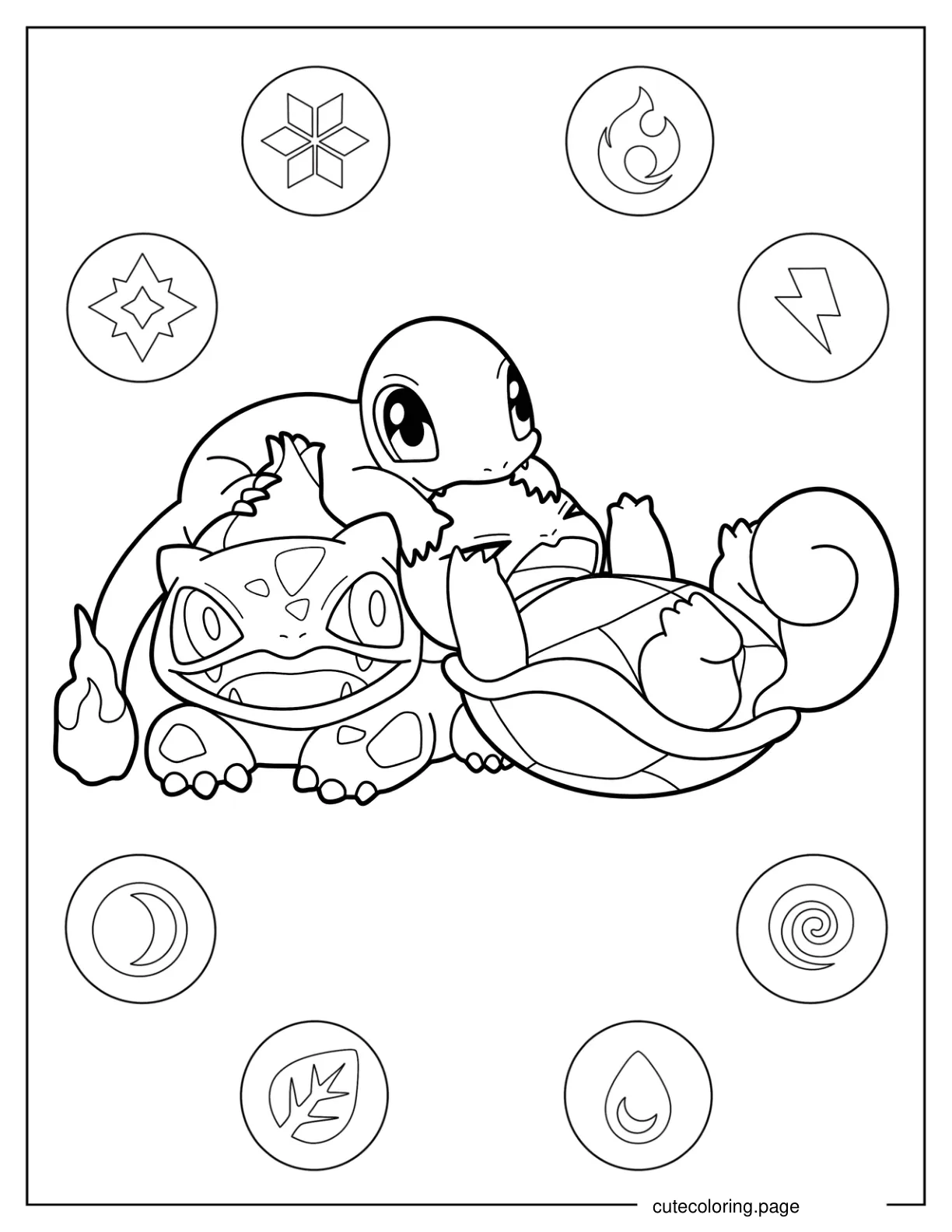 Bulbasaur Playing With Charmander And Squirtle coloring page