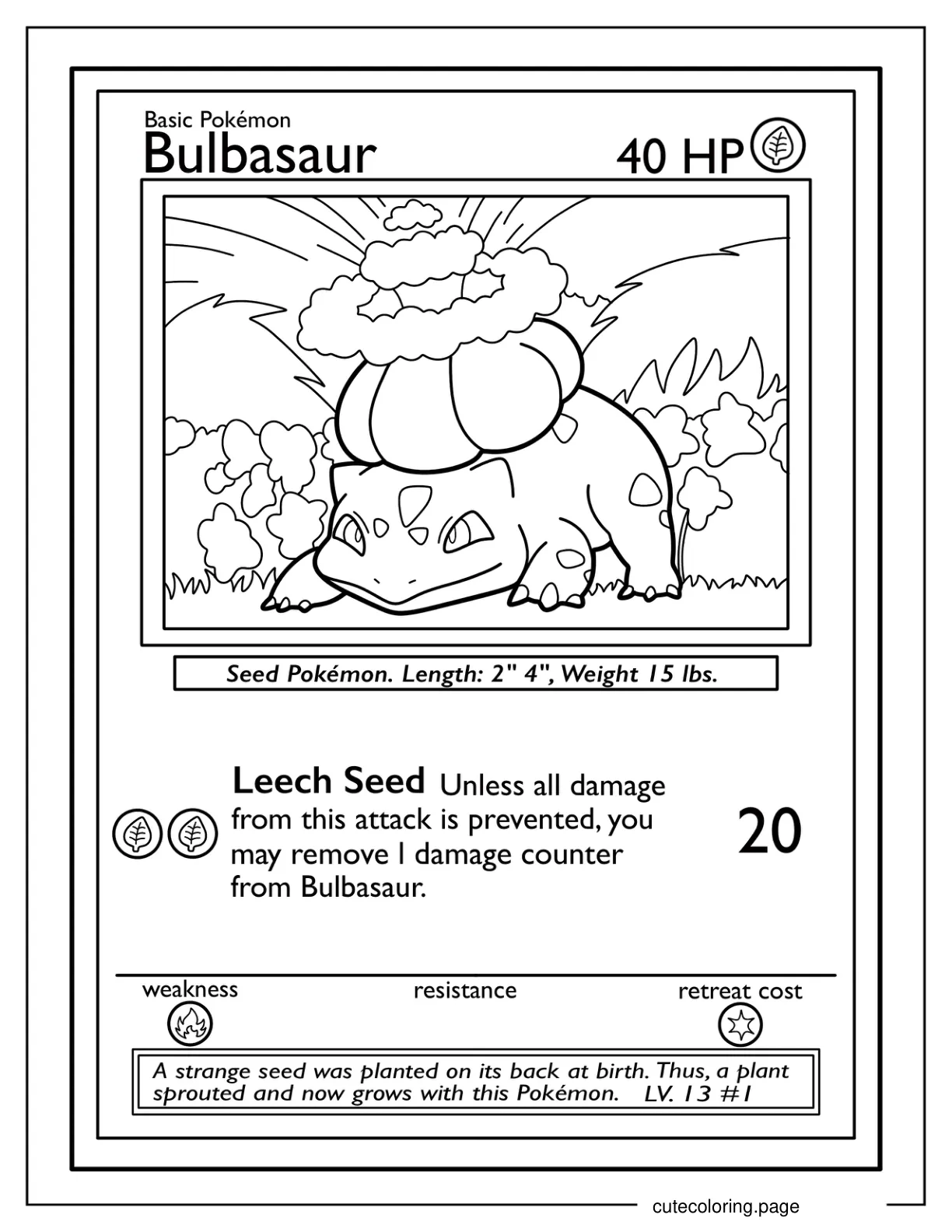 Bulbasaur Pokemon Card Leech Seed Attack coloring page