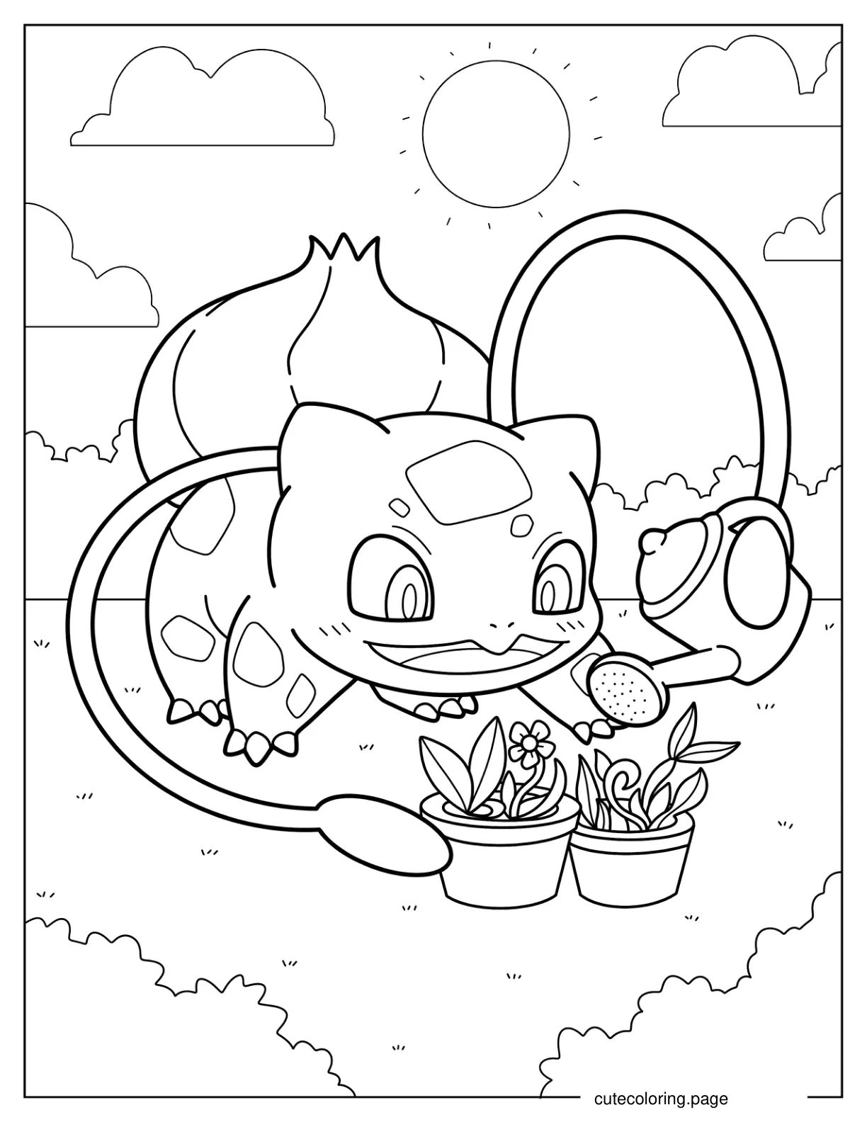 Bulbasaur Watering Flowers Coloring Page coloring page