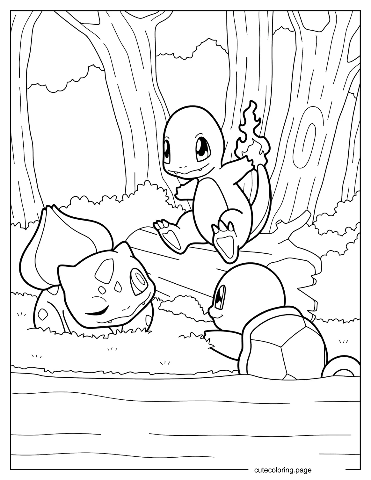 Bulbasaur With Charmander And Squirtle In Forest coloring page