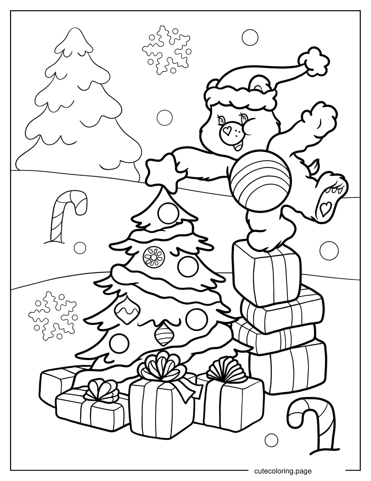 Coloring Page Of Cheer Bear Putting Star On Christmas Tree coloring page