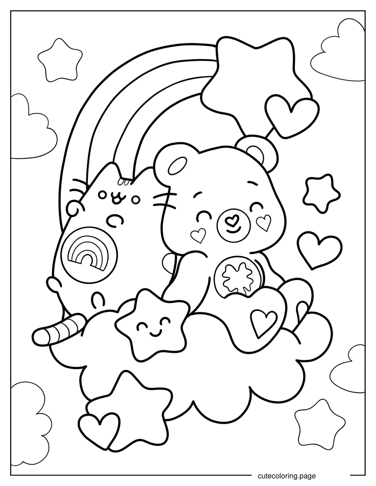 Good Luck Bear And Pusheen Sitting On Cloud With Rainbow coloring page