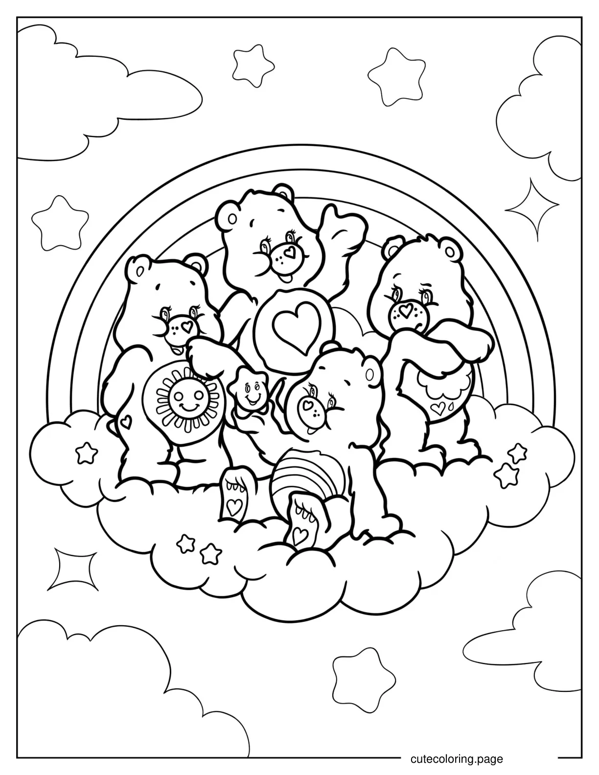 Tenderheart Grumpy Cheer And Funshine Care Bears On Cloud coloring page