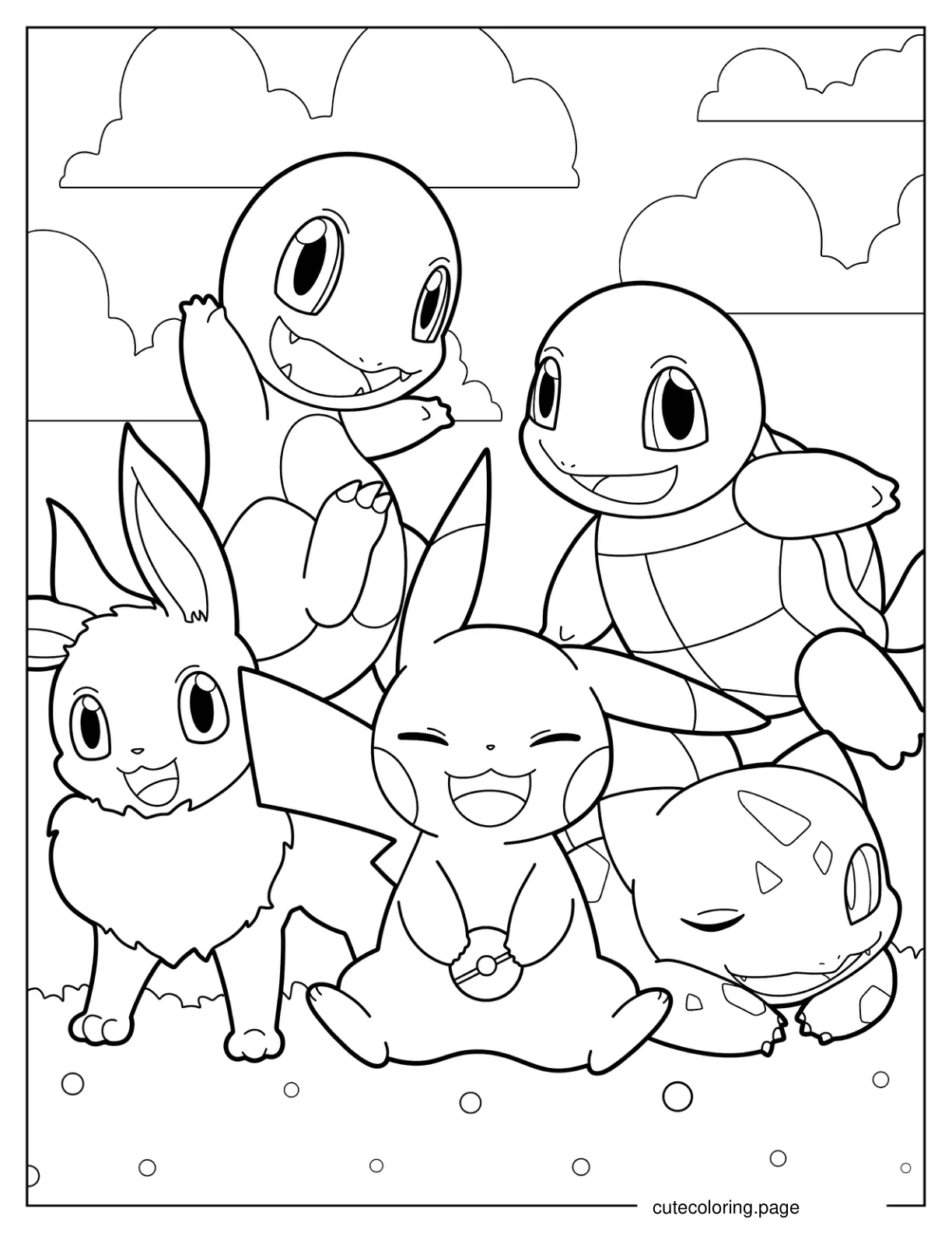 Charmander Eevee Pikachu Squirtle And Bulbasaur Coloring Page coloring page