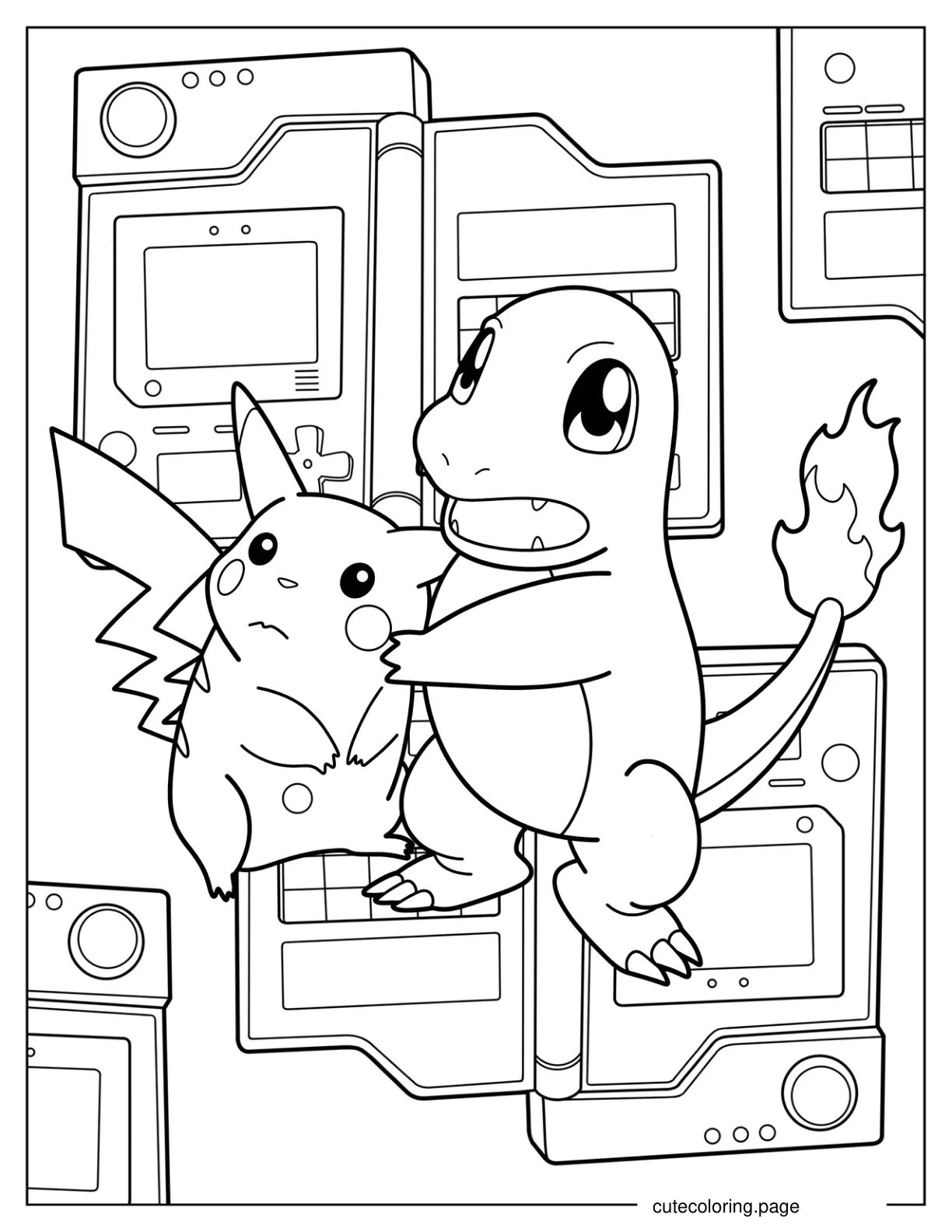 Charmander Shielding Pikachu Coloring Sheet coloring page