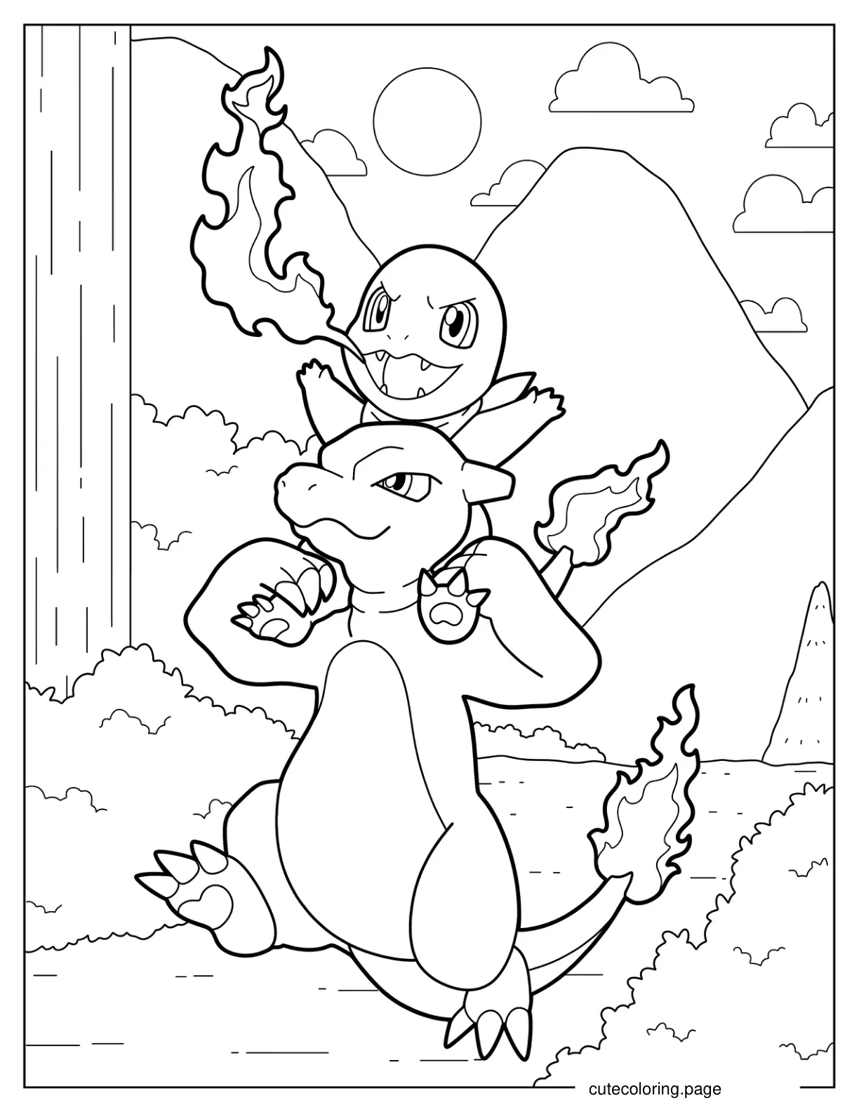 Charmander Sitting On Charmeleon_s Shoulders Coloring Sheet coloring page