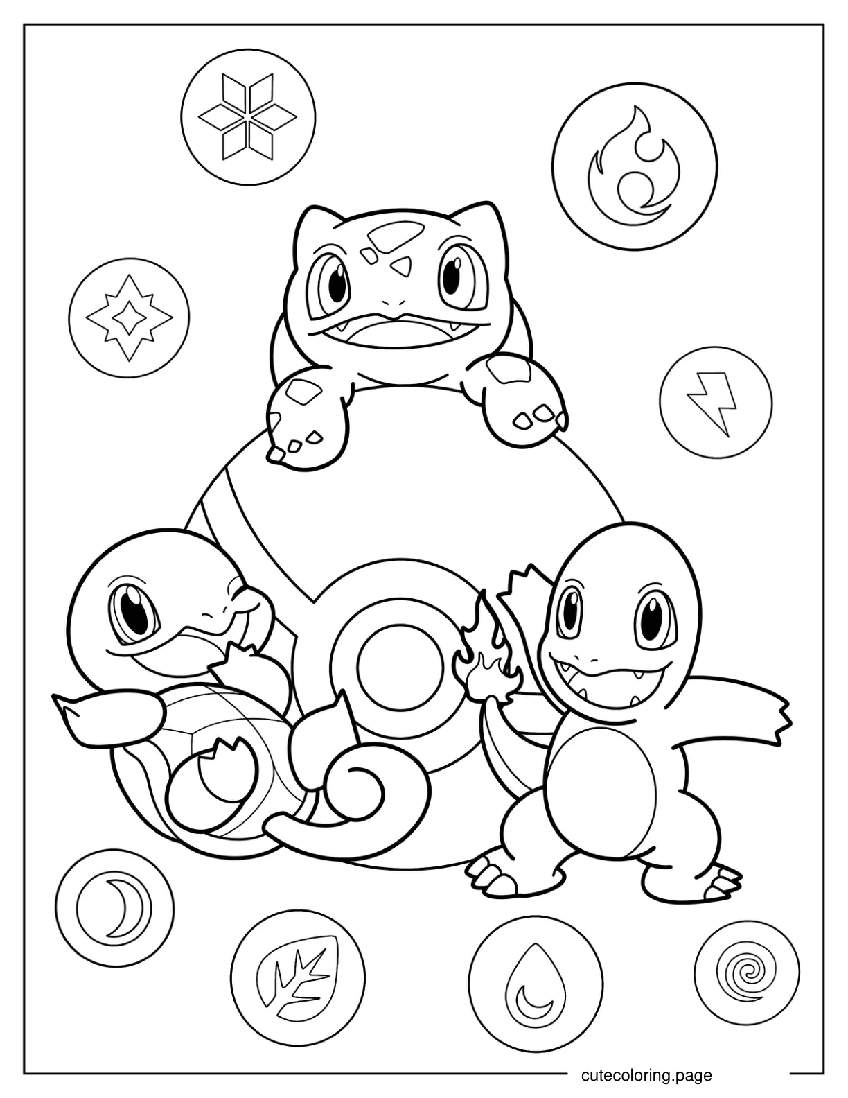 Cute Bulbasaur Squirtle And Charmander On Pokeball Coloring Page coloring page