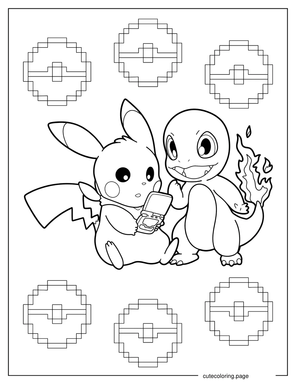 Kawaii Charmander And Pikachu Playing Video Game coloring page