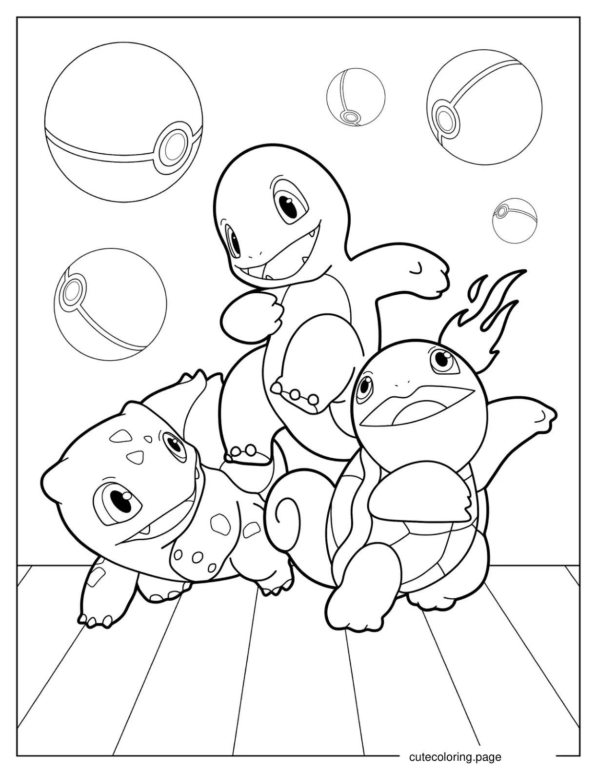 Squirtle Bulbasaur And Charmander Playing Together coloring page