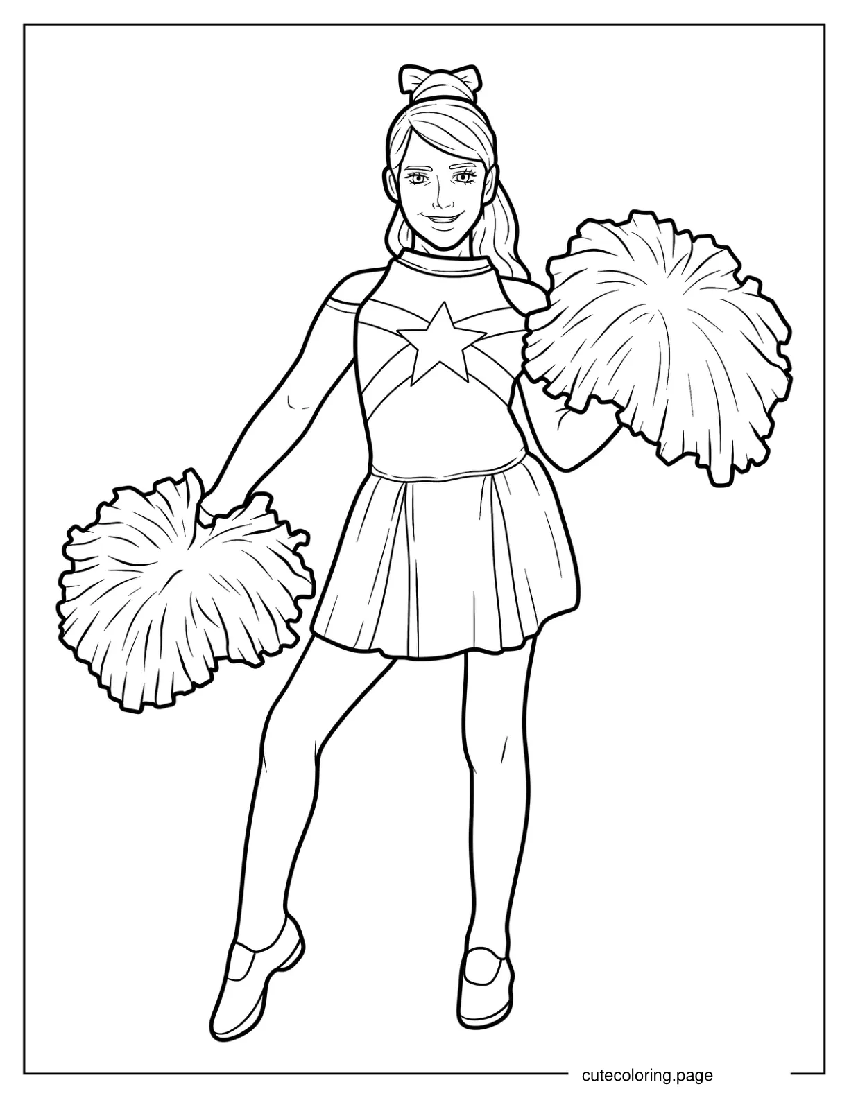 Smiling Cheerleader Holding Two Large Pom Poms Coloring Sheet For Kids coloring page