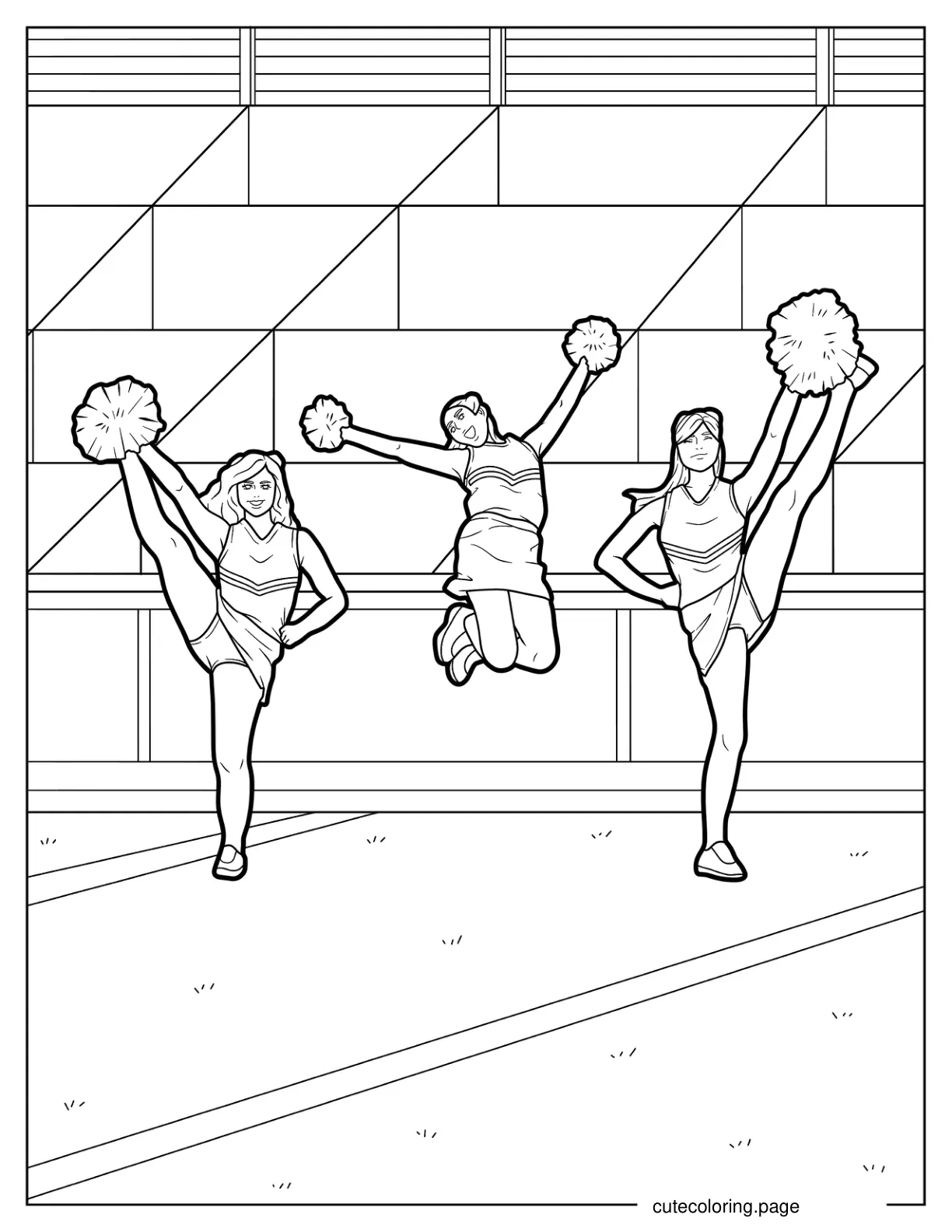 Three Cheerleaders With Pom Poms Doing Stunts coloring page