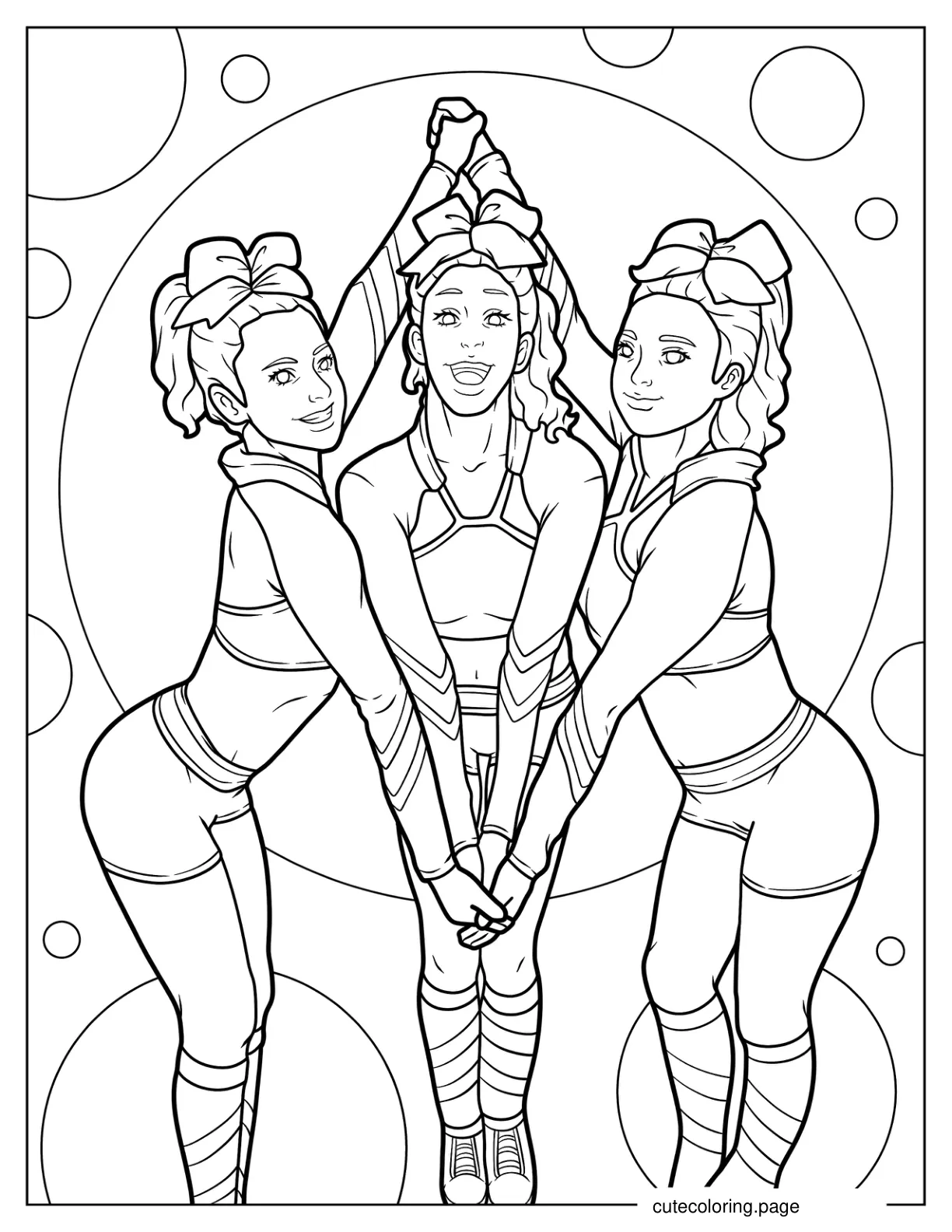 Three Cute Cheerleaders Posing In Uniforms Coloring Page coloring page