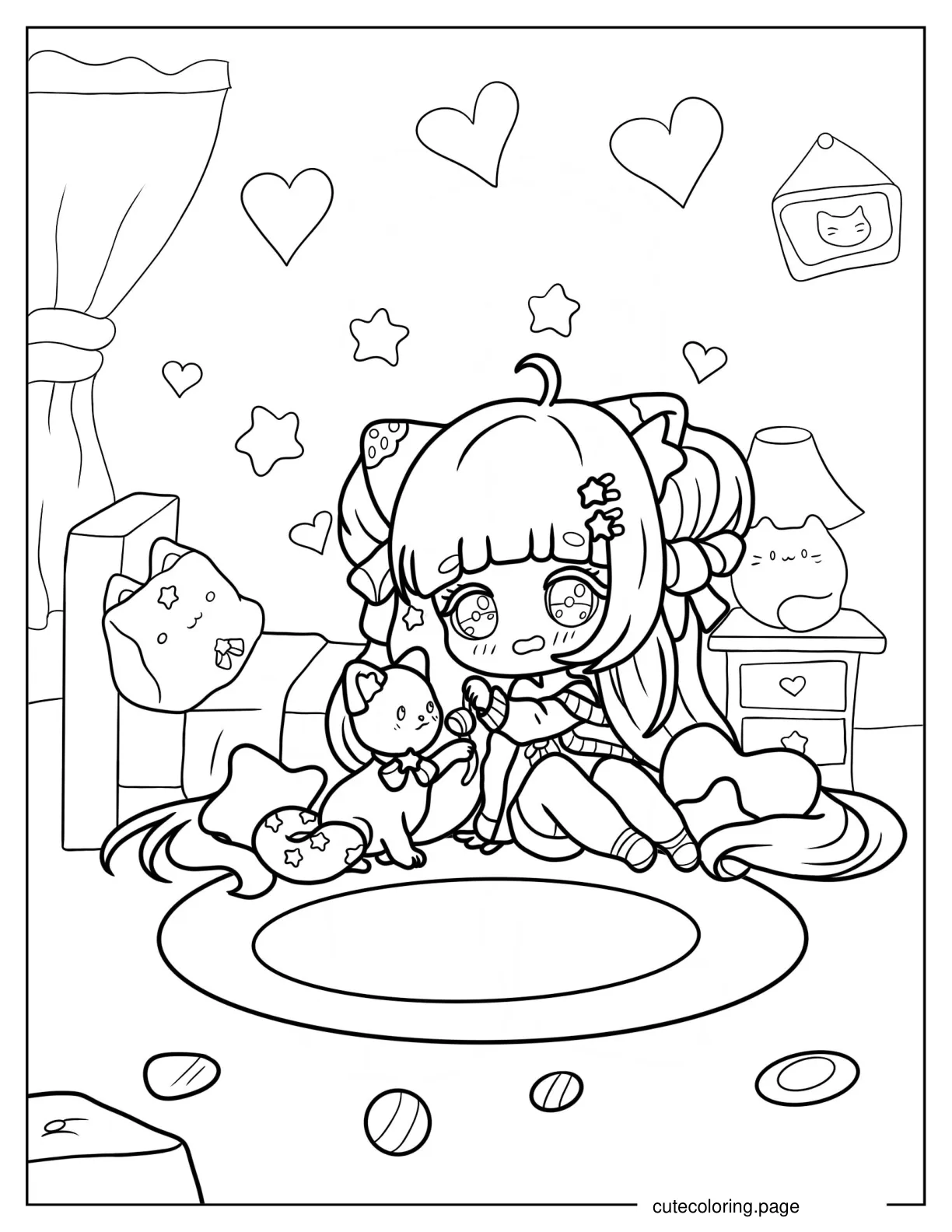 Chibi Cat Girl In Bedroom Playing With Cats Coloring Sheet coloring page